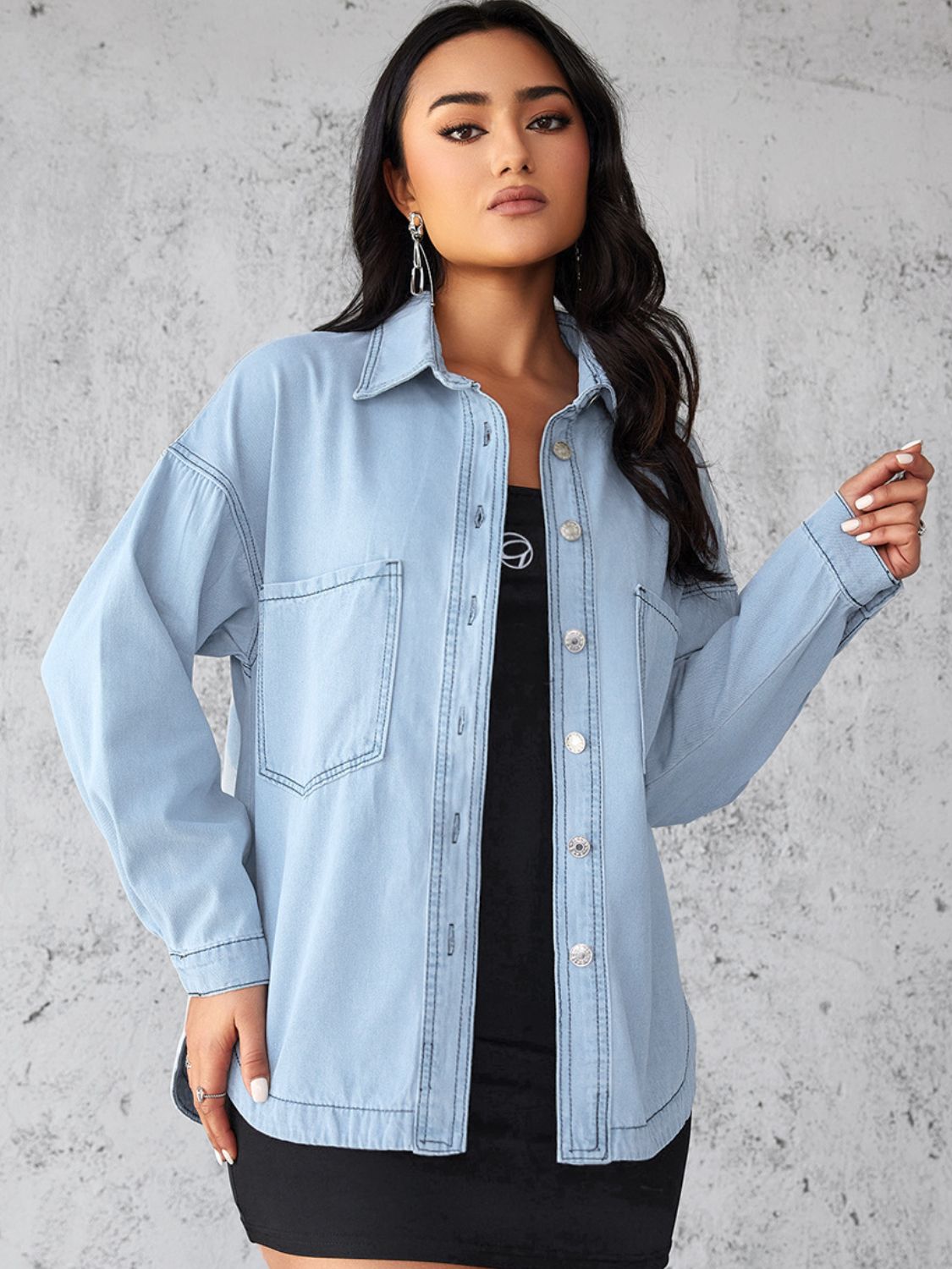 Collared Neck Button Up Long Sleeve Denim Shirt