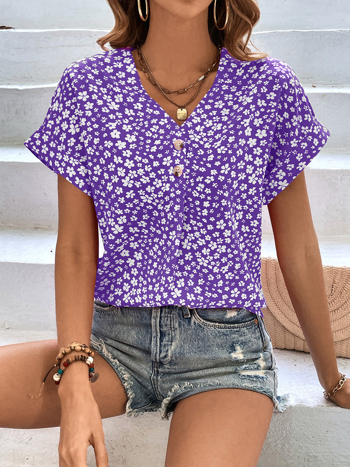 Printed V-Neck Short Sleeve Blouse