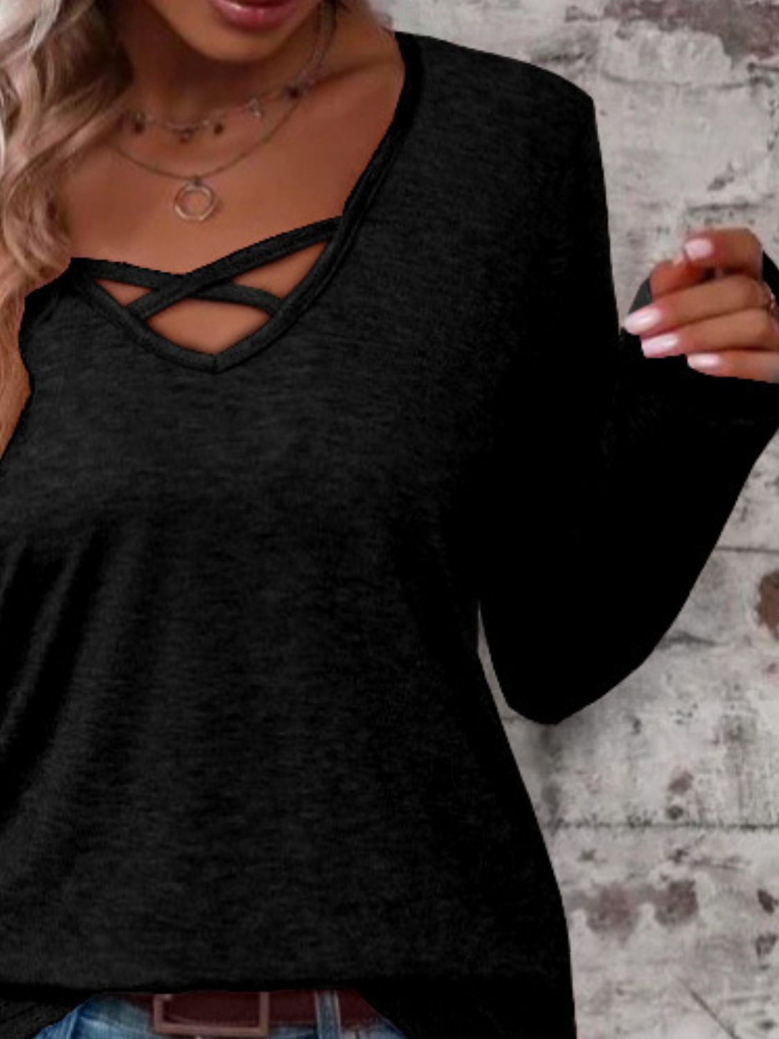 Crisscross V-Neck Long Sleeve T-Shirt