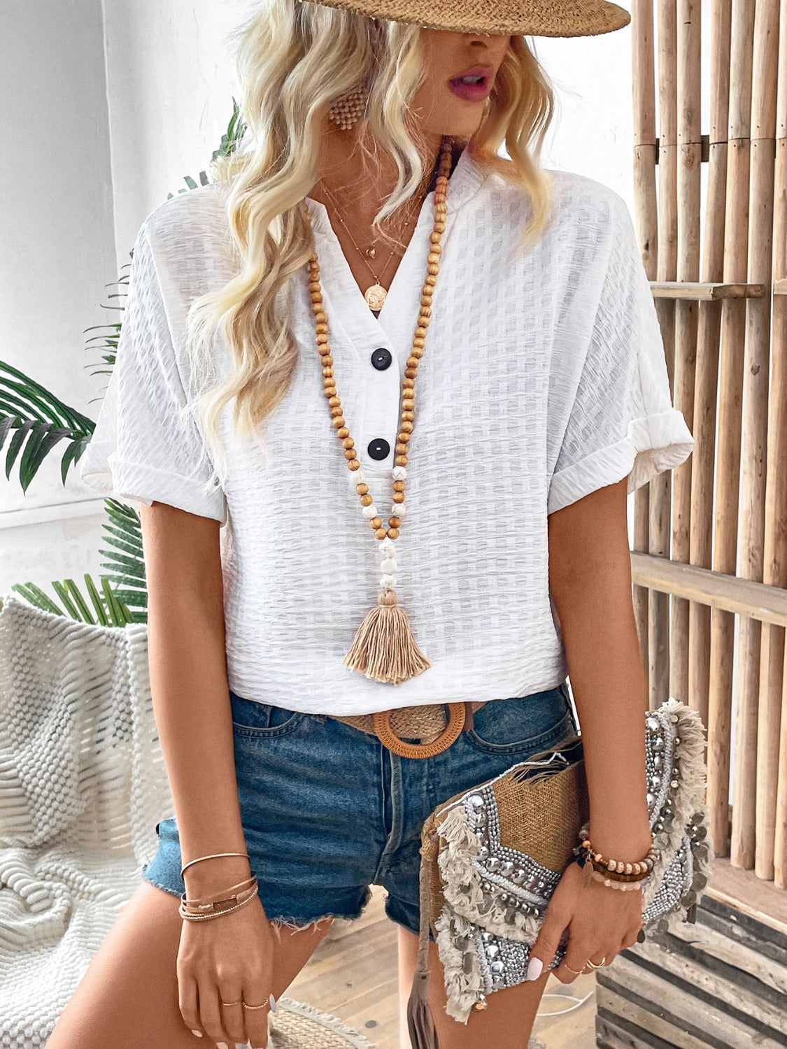 Buttoned Notched Short Sleeve Blouse