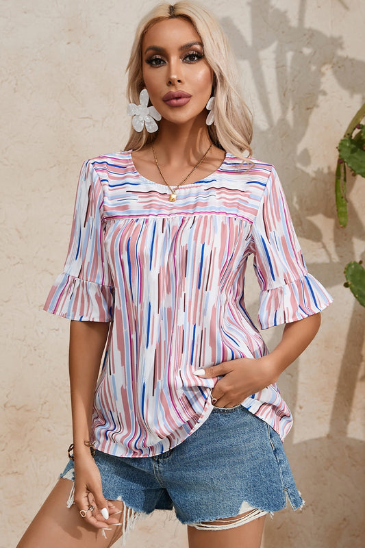 Printed Round Neck Flounce Sleeve Blouse