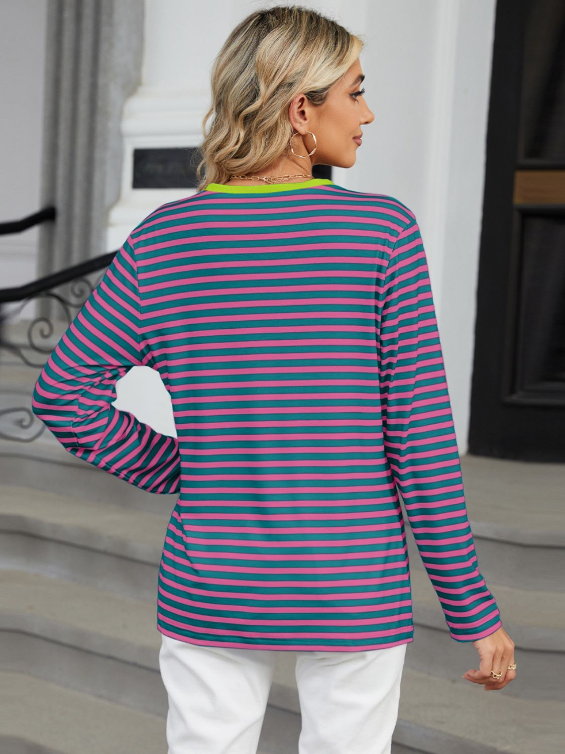 Striped Notched Long Sleeve T-Shirt