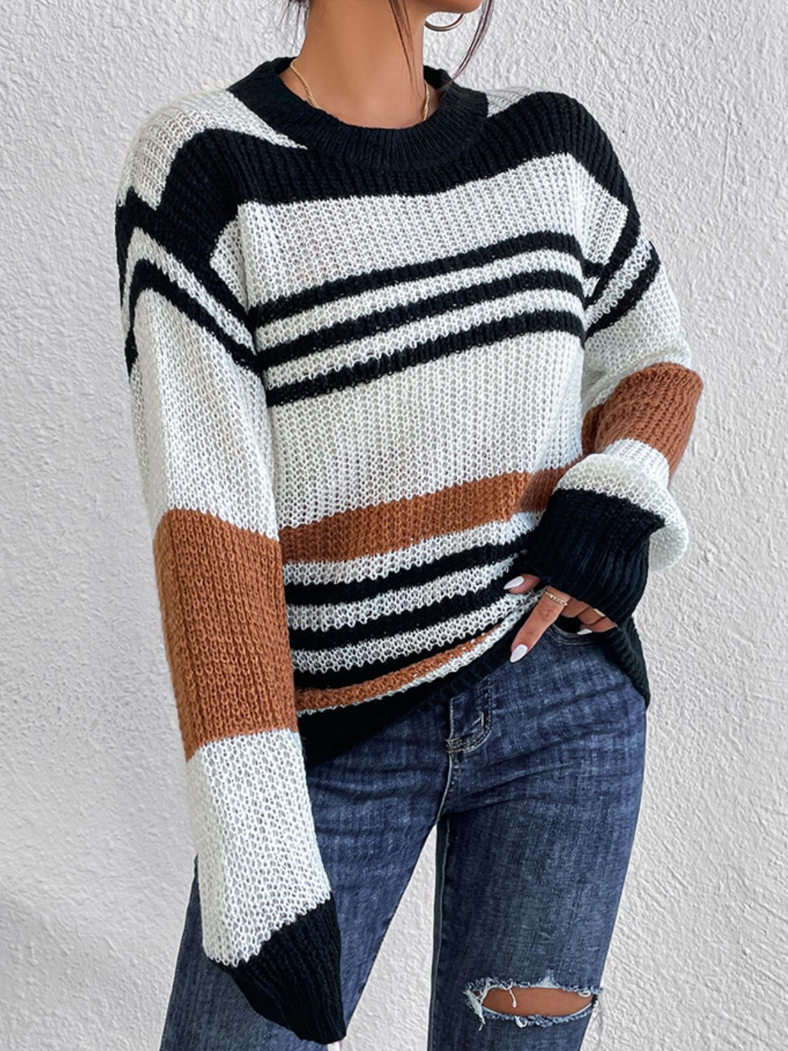 Contrast Striped Round Neck Long Sleeve Sweater