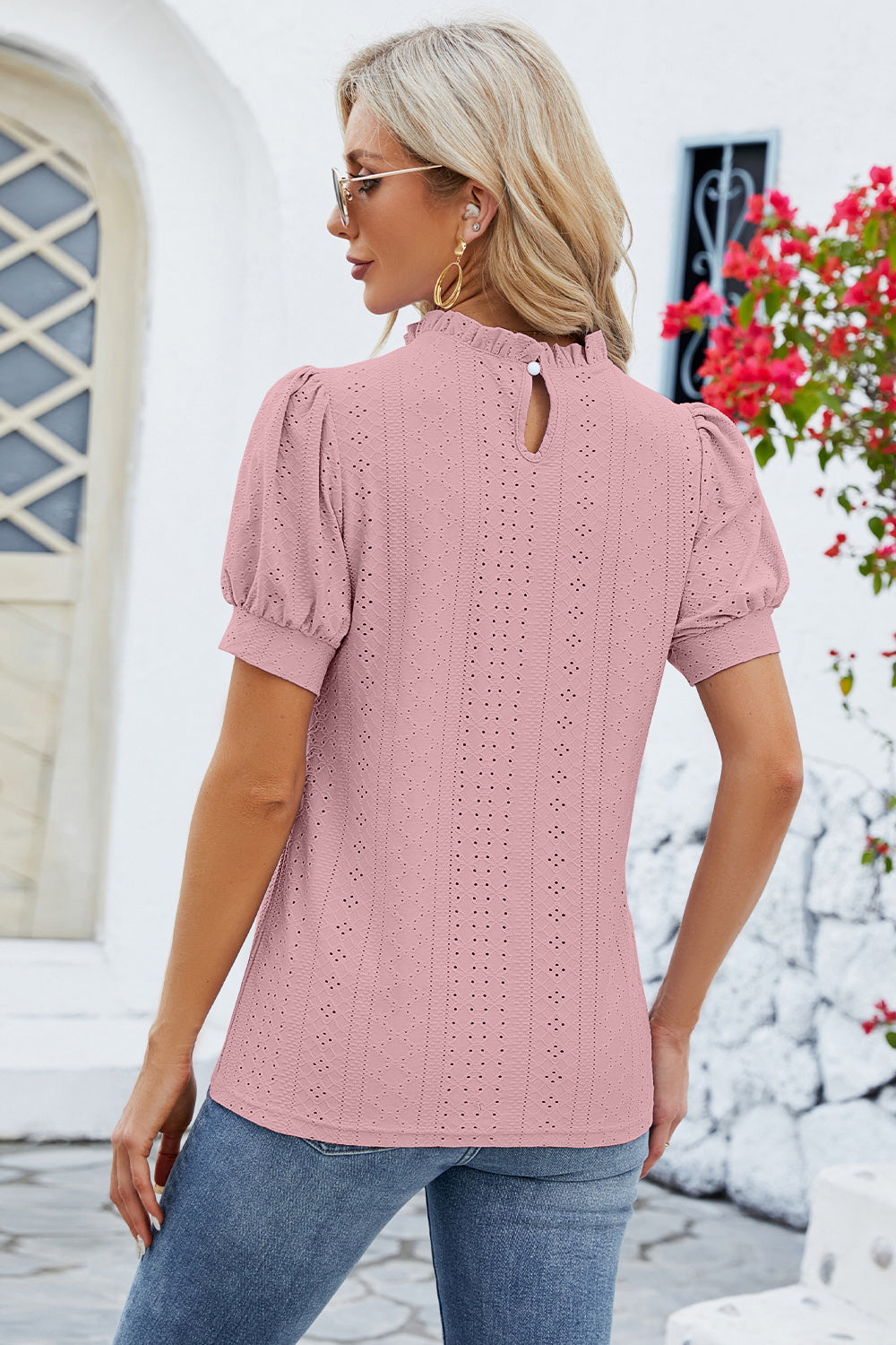 Eyelet Frill Mock Neck Short Sleeve Top