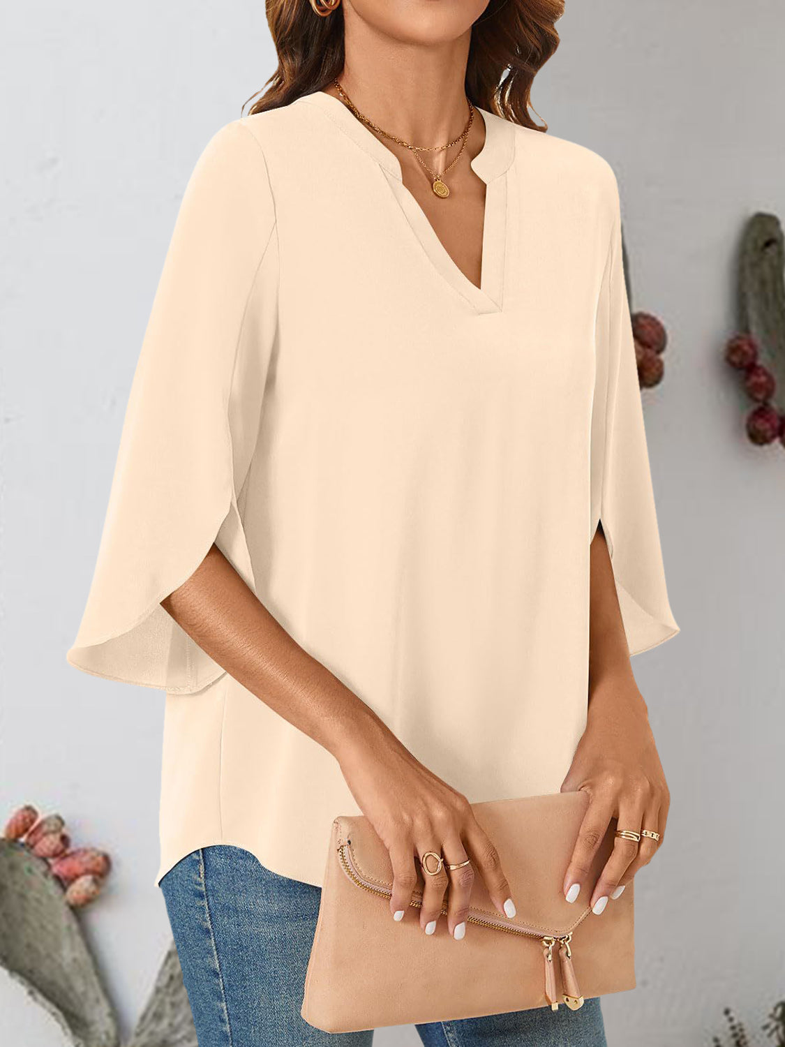 Notched Slit Half Sleeve Blouse