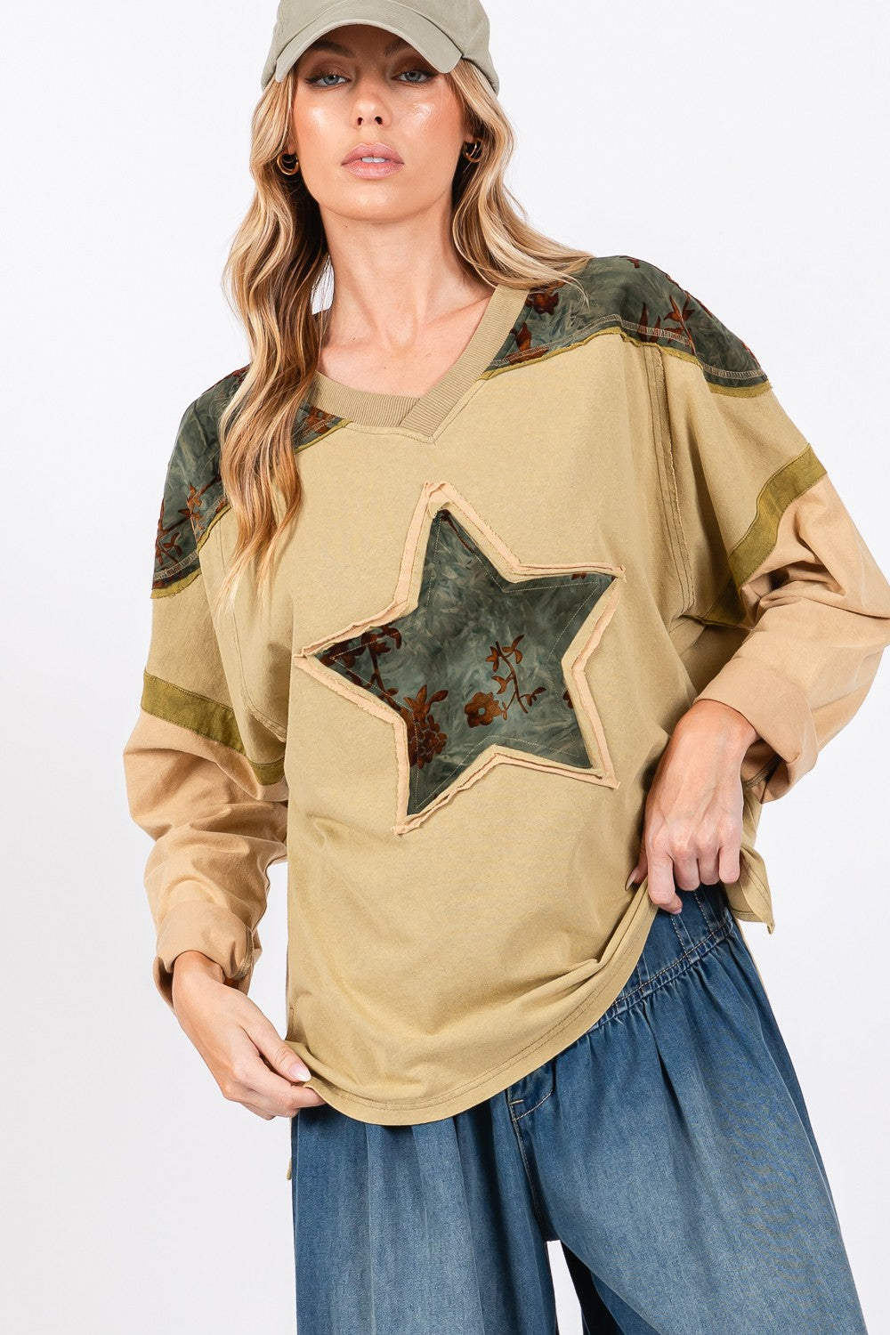 SAGE + FIG Star Patch Long Sleeve Color Block T-Shirt