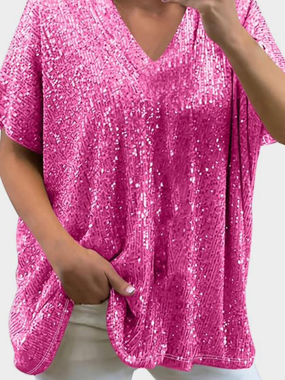 Full Size Sequin V-Neck Short Sleeve Top