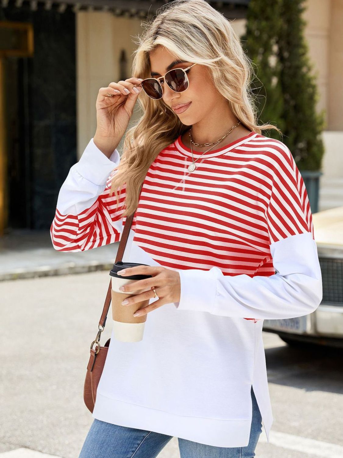 Slit Contrast Striped Long Sleeve Sweatshirt