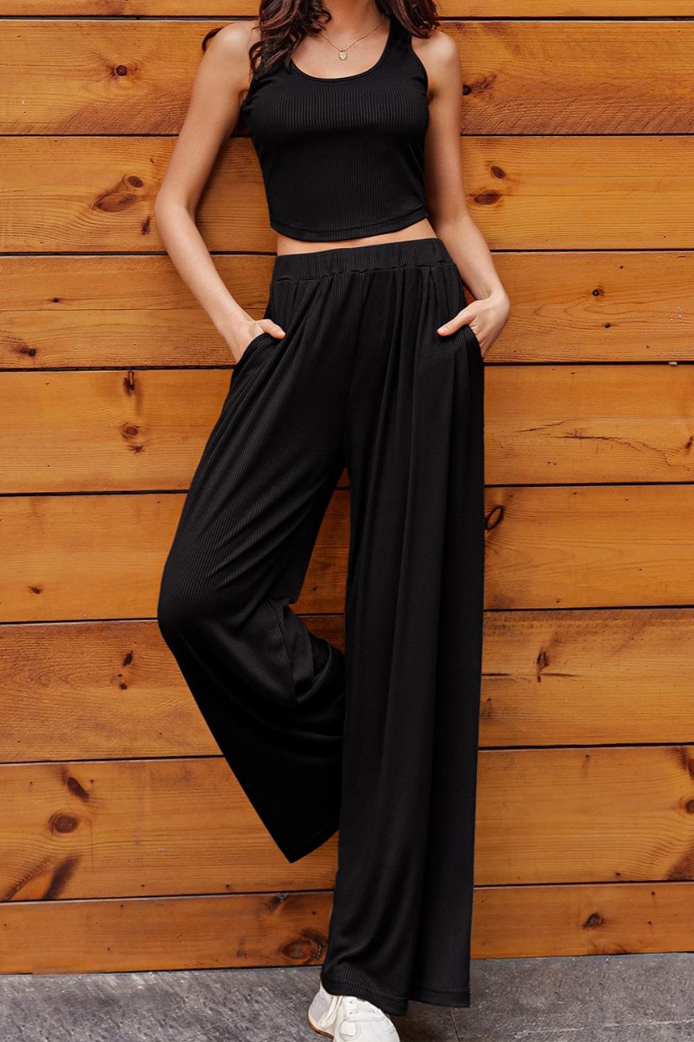 Scoop Neck Top and Wide Leg Pants Set