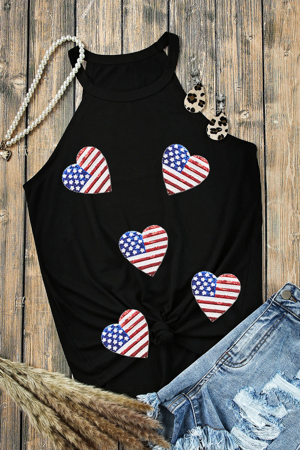 Heart US Flag Round Neck Grecian Neck Tank