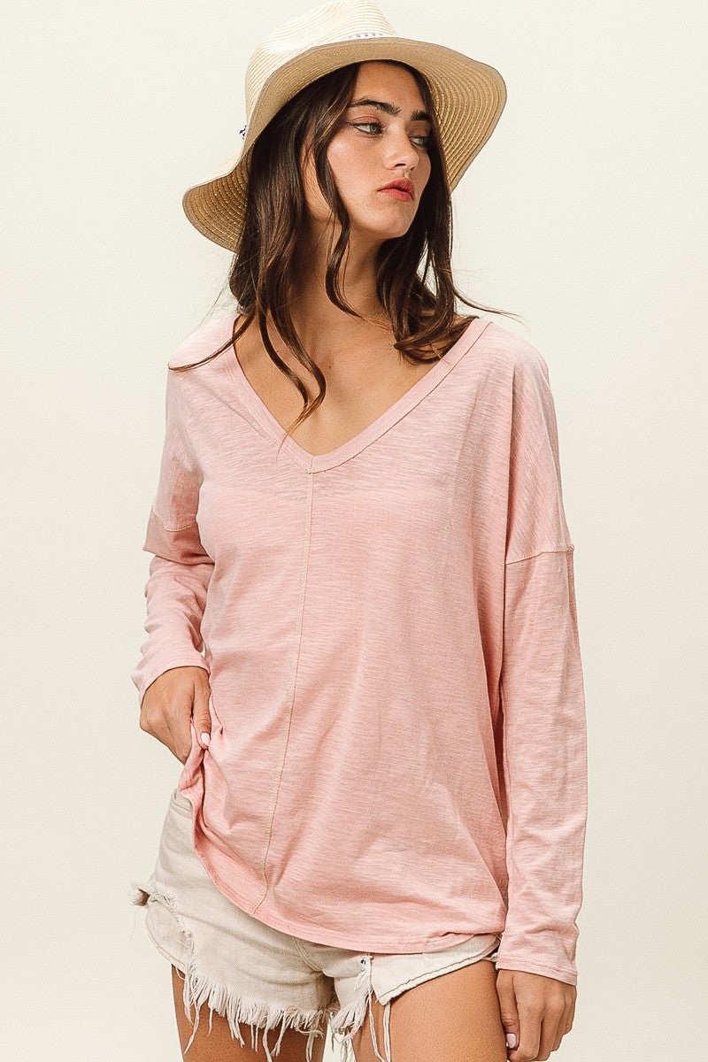 BiBi Exposed Seam V-Neck Long Sleeve T-Shirt