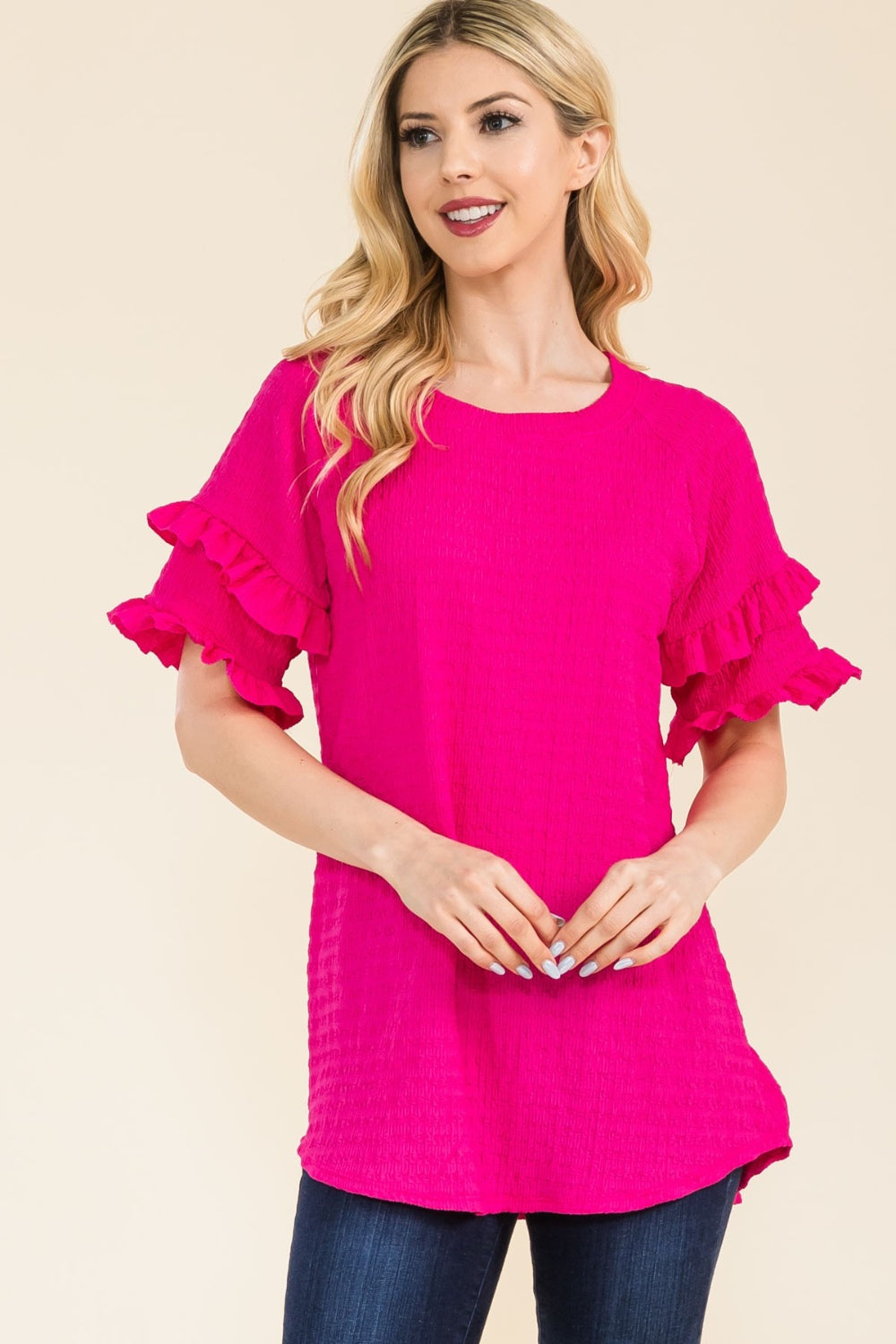 Celeste Full Size Ruffle Short Sleeve Texture Top