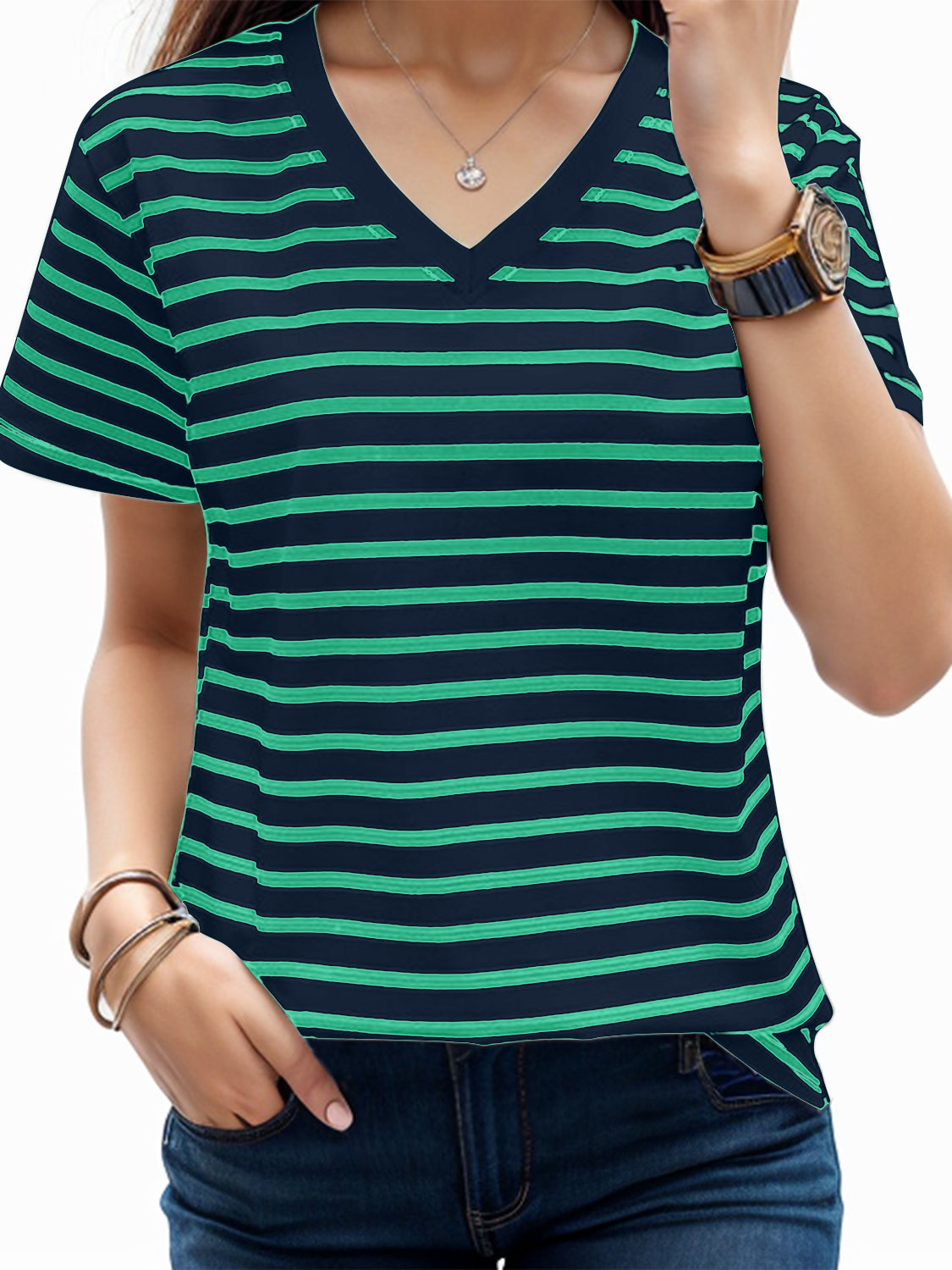 Plus Size Striped V-Neck Short Sleeve T-Shirt