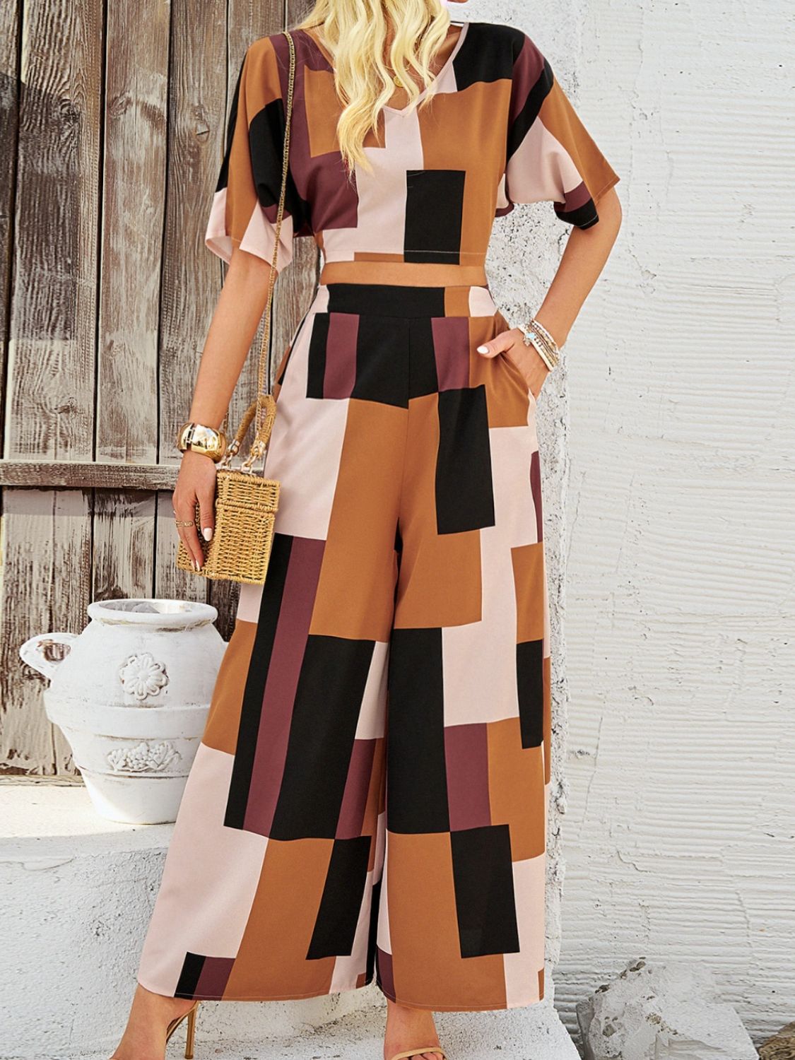 Color Block V-Neck Top and Wide Leg Pants Set