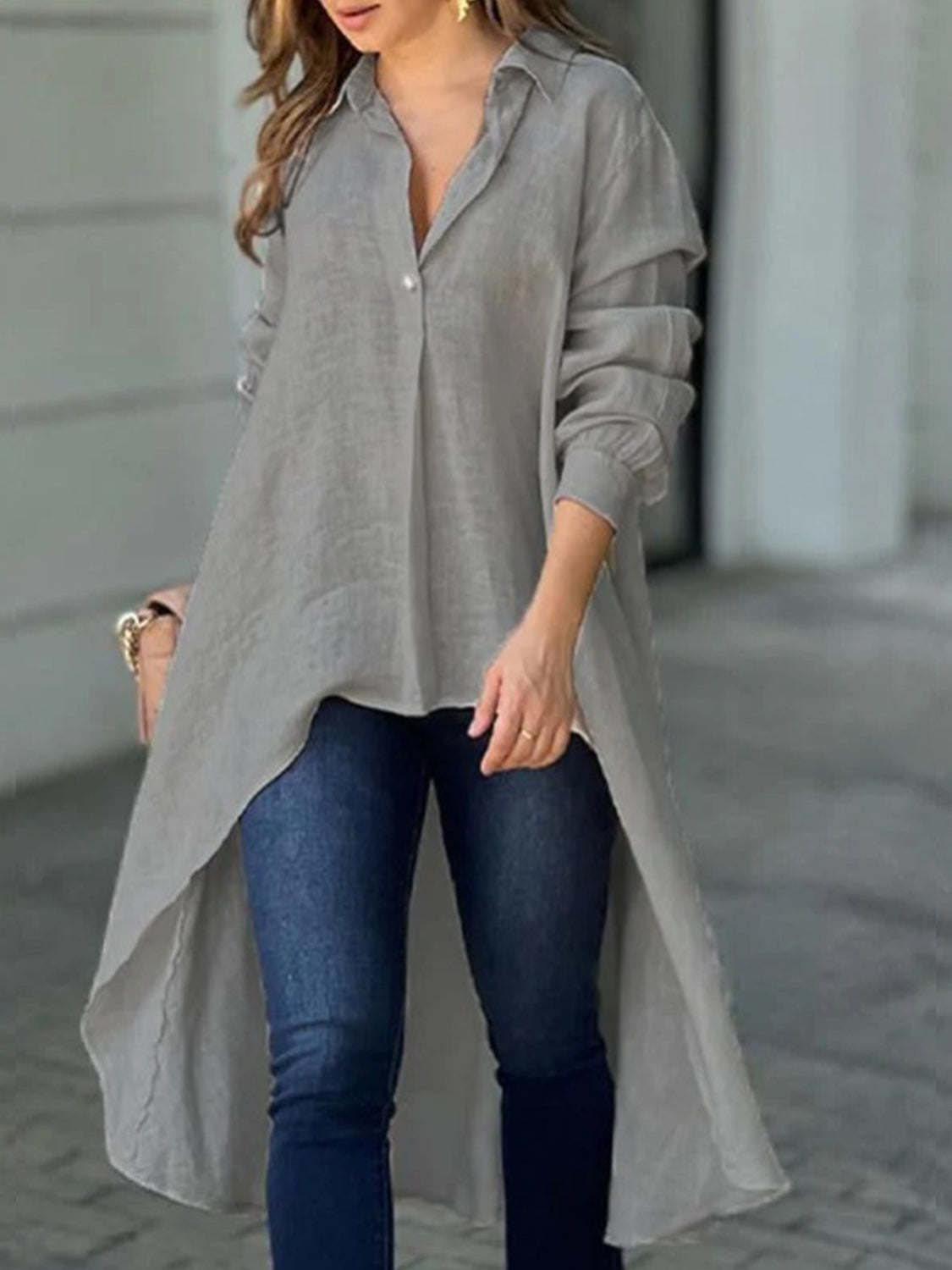 Full Size High-Low Collared Neck Long Sleeve Shirt