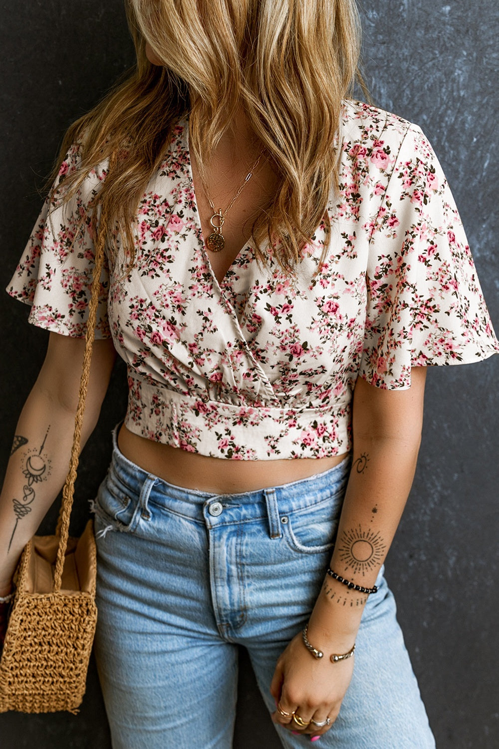 Printed Surplice Half Sleeve Blouse