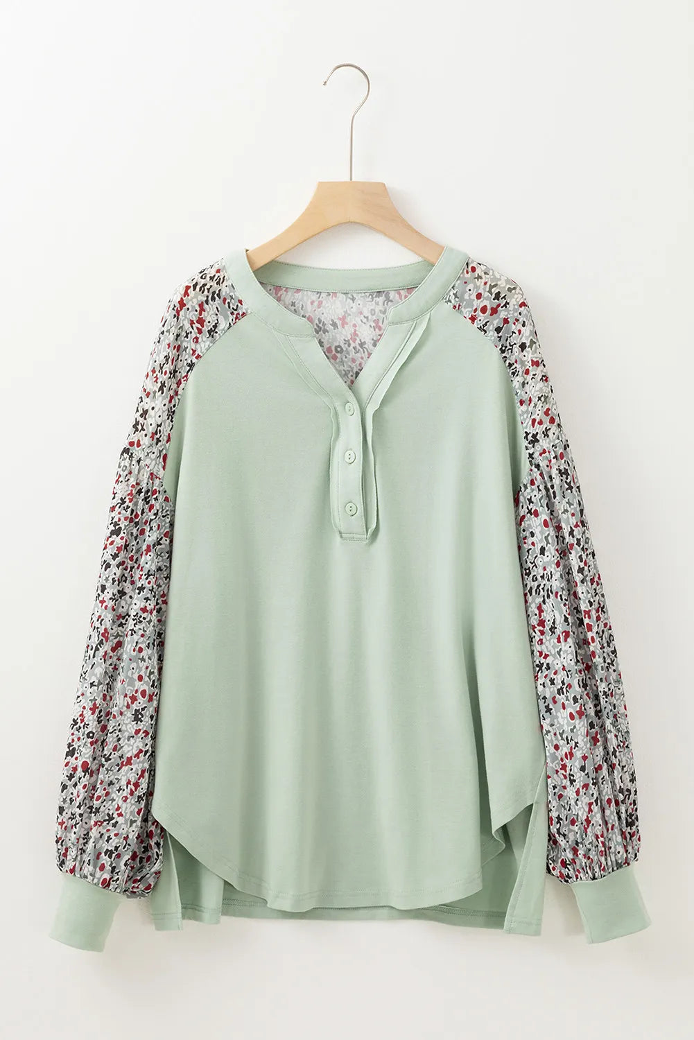 Printed Notched Long Sleeve Blouse