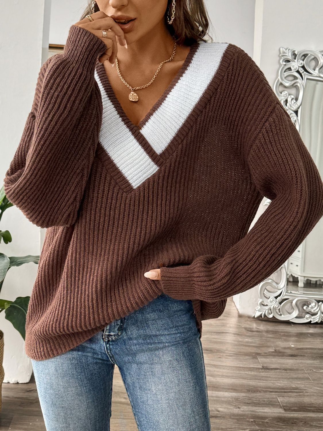 Contrast Dropped Shoulder Long Sleeve Sweater