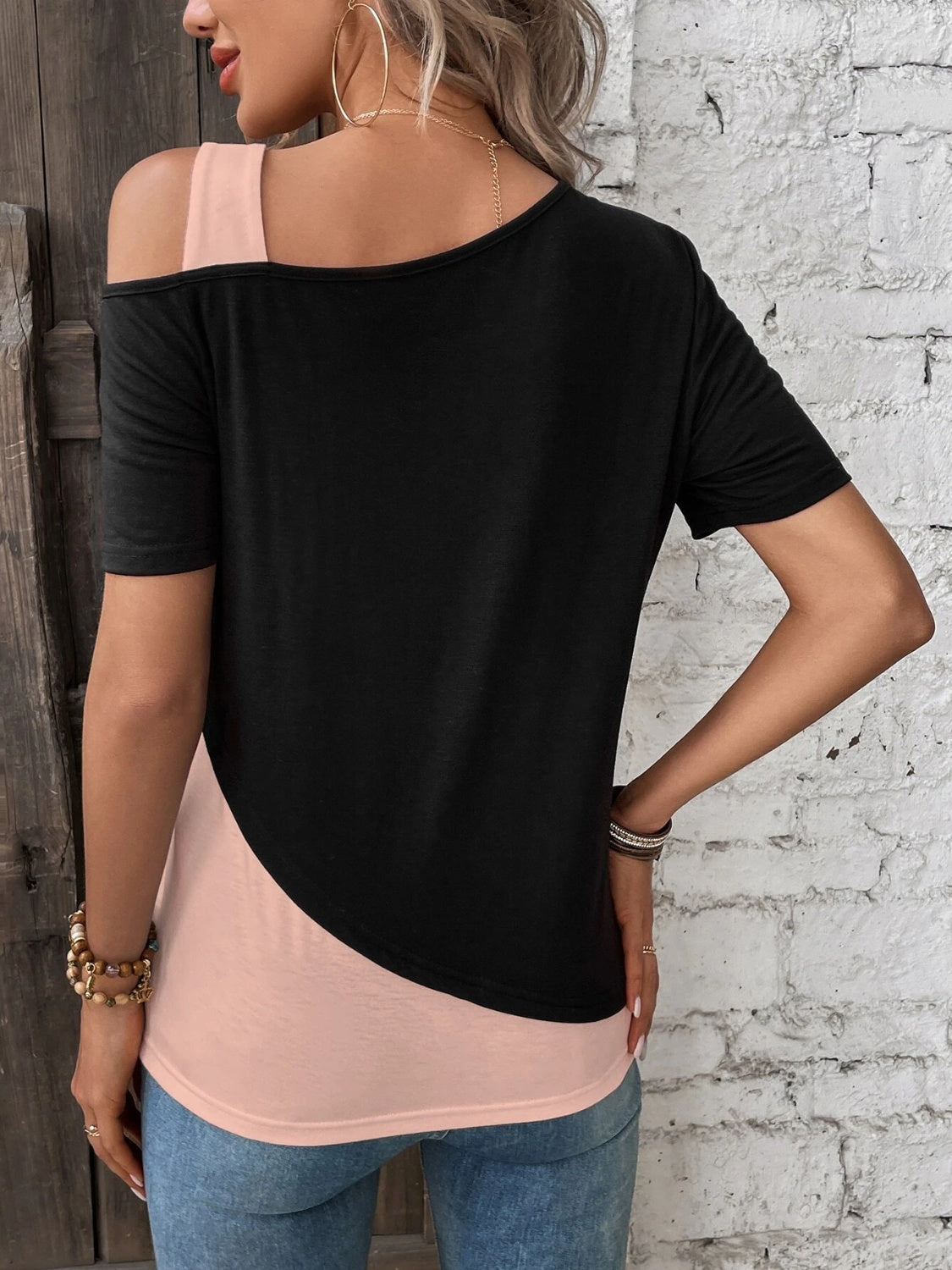 Contrast Asymmetrical Neck Short Sleeve T-Shirt