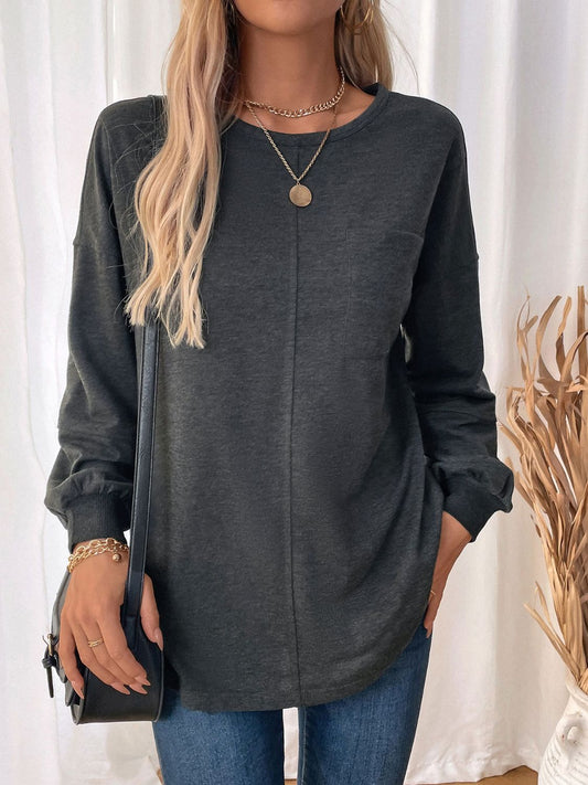 Perfee Pocketed Round Neck Long Sleeve Sweatshirt