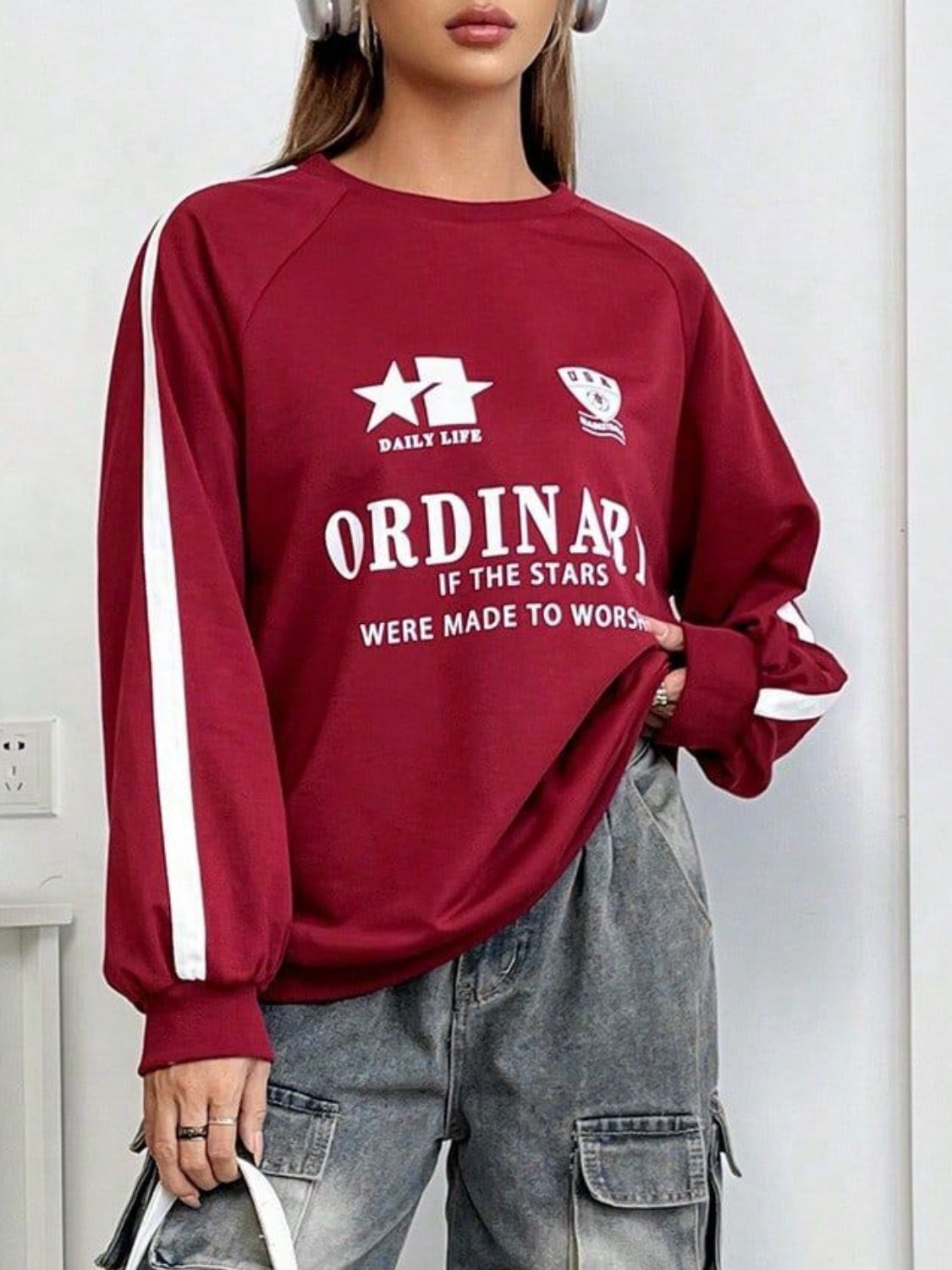 Letter Graphic Round Neck Long Sleeve Sweatshirt