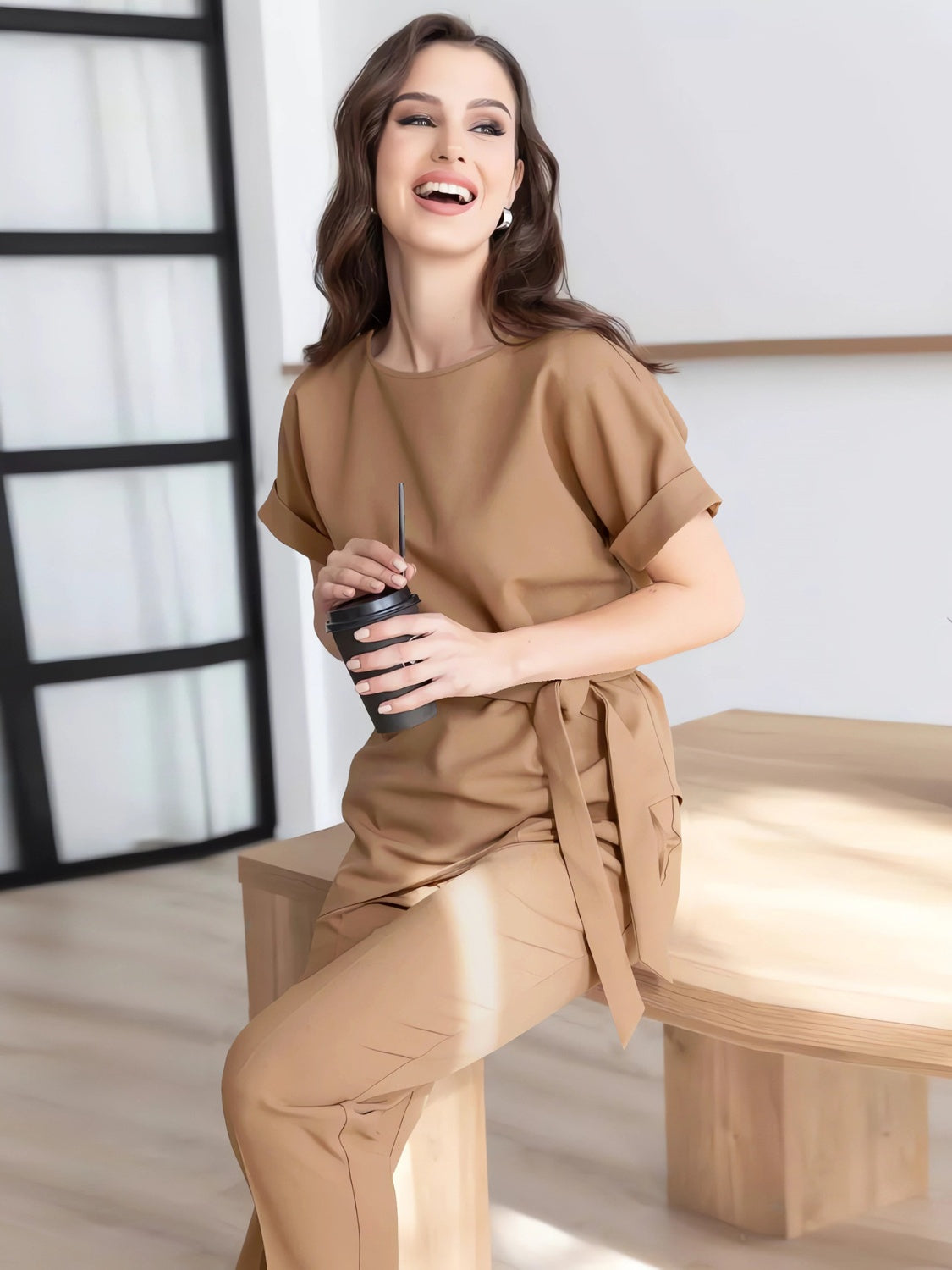 Round Neck Short Sleeve Top and Pants Set