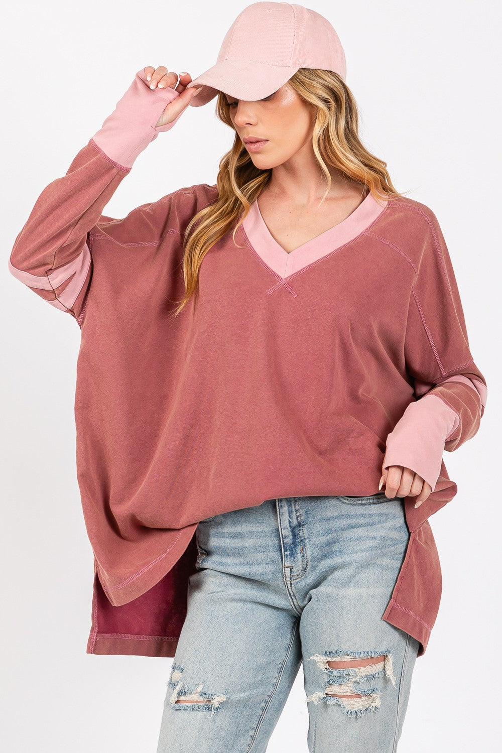 SAGE + FIG Mineral Wash Side Slit Contrast T-Shirt