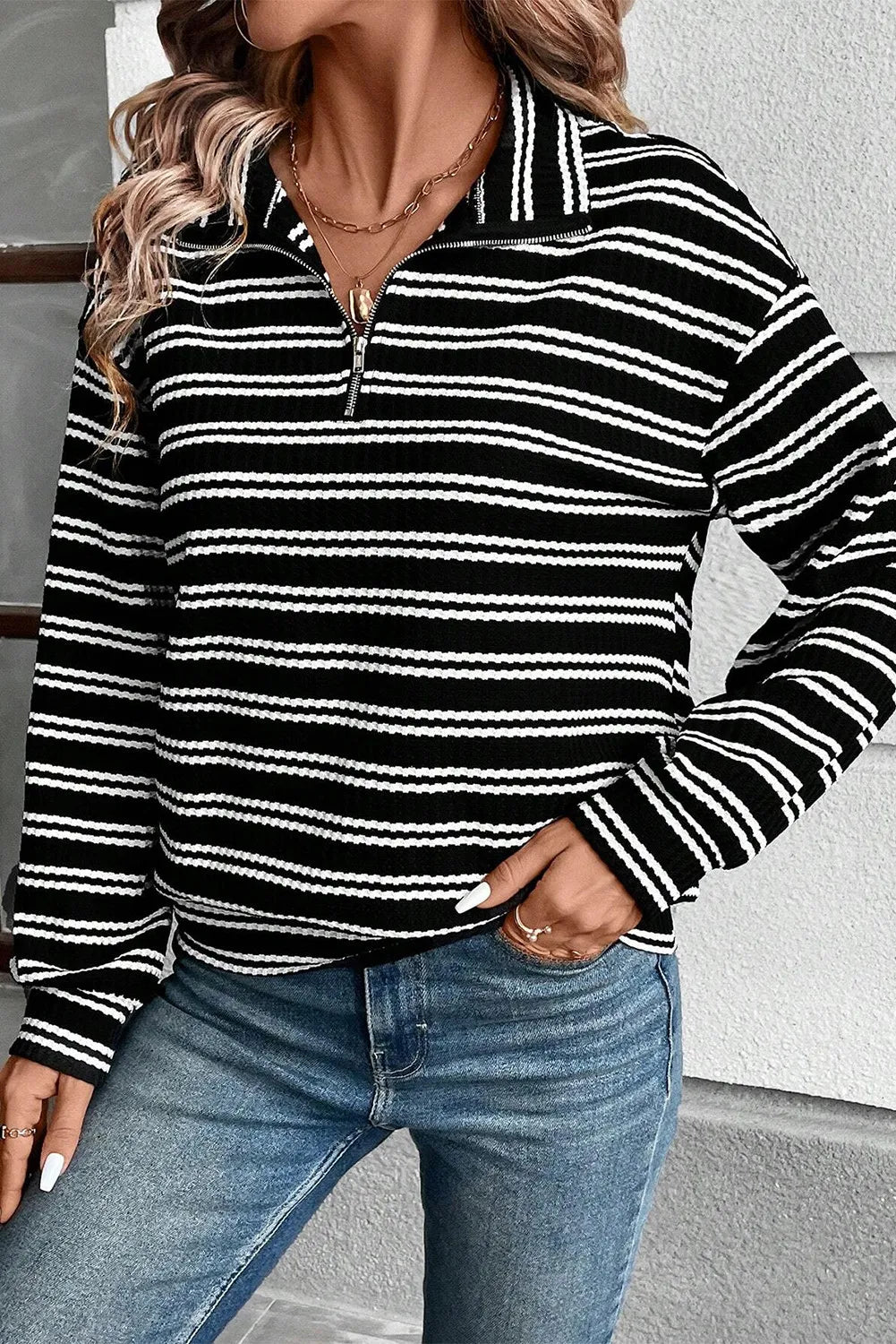 Striped Half Zip Long Sleeve Top