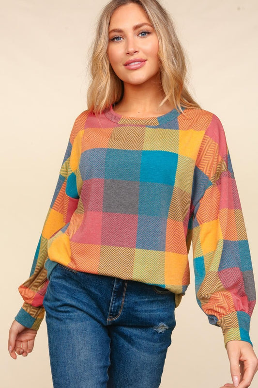 Haptics Contrast Plaid Round Neck Sweater