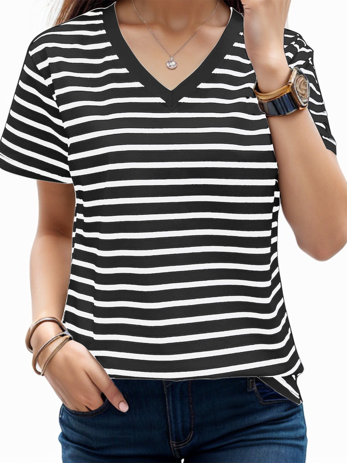 Plus Size Striped V-Neck Short Sleeve T-Shirt