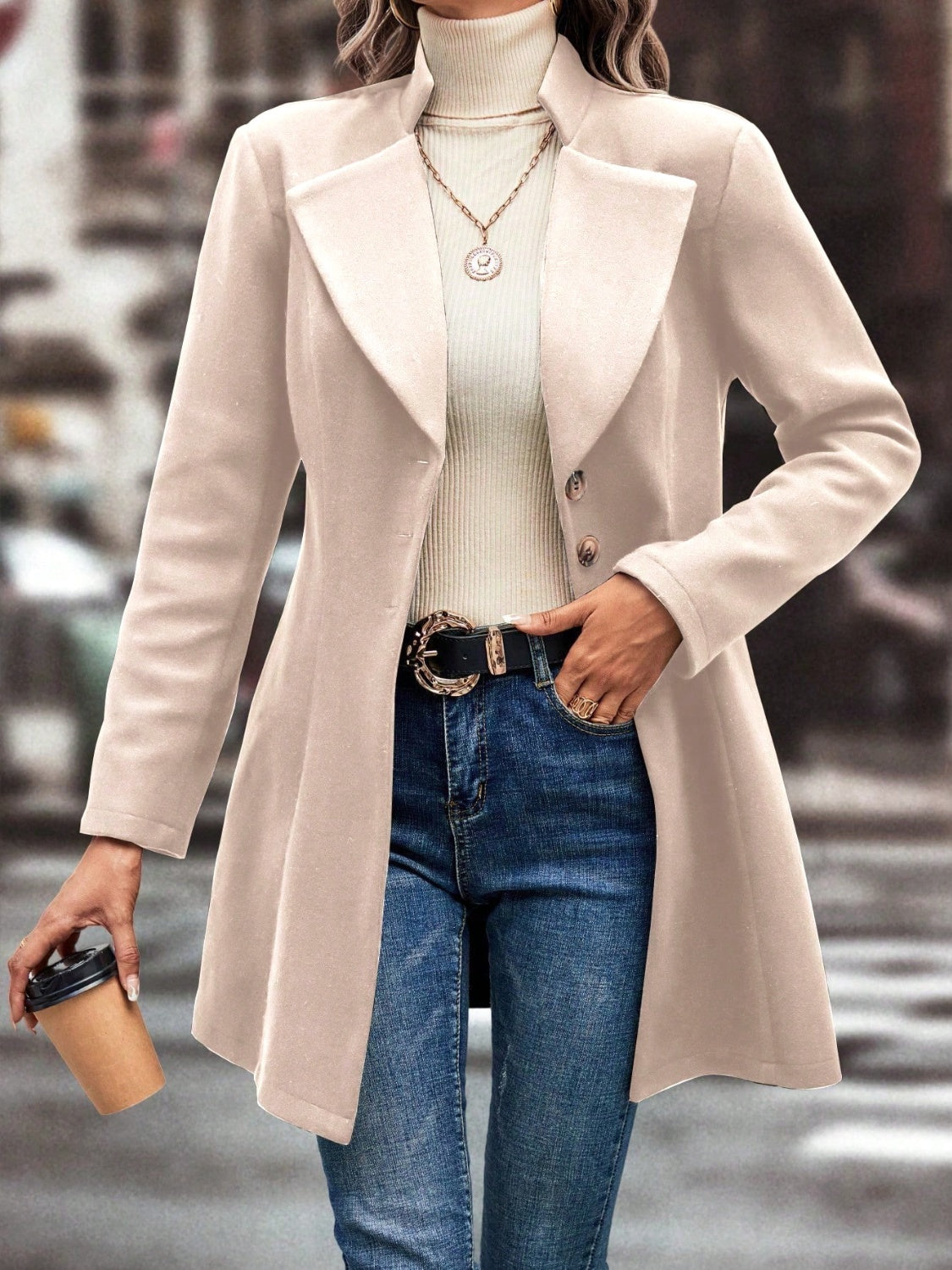 Collared Neck Long Sleeve Longline Coat