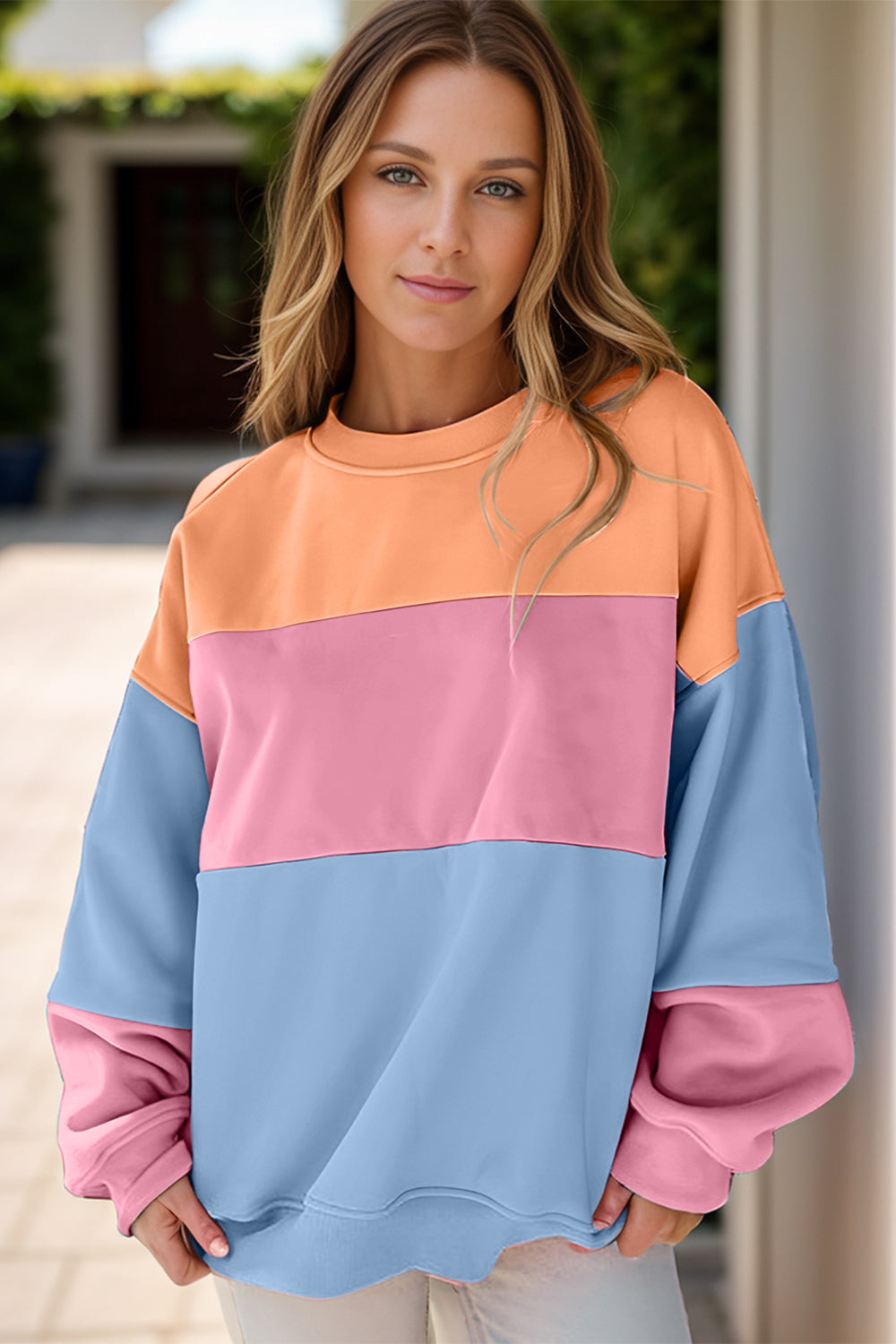 Color Block Round Neck Long Sleeve Sweatshirt