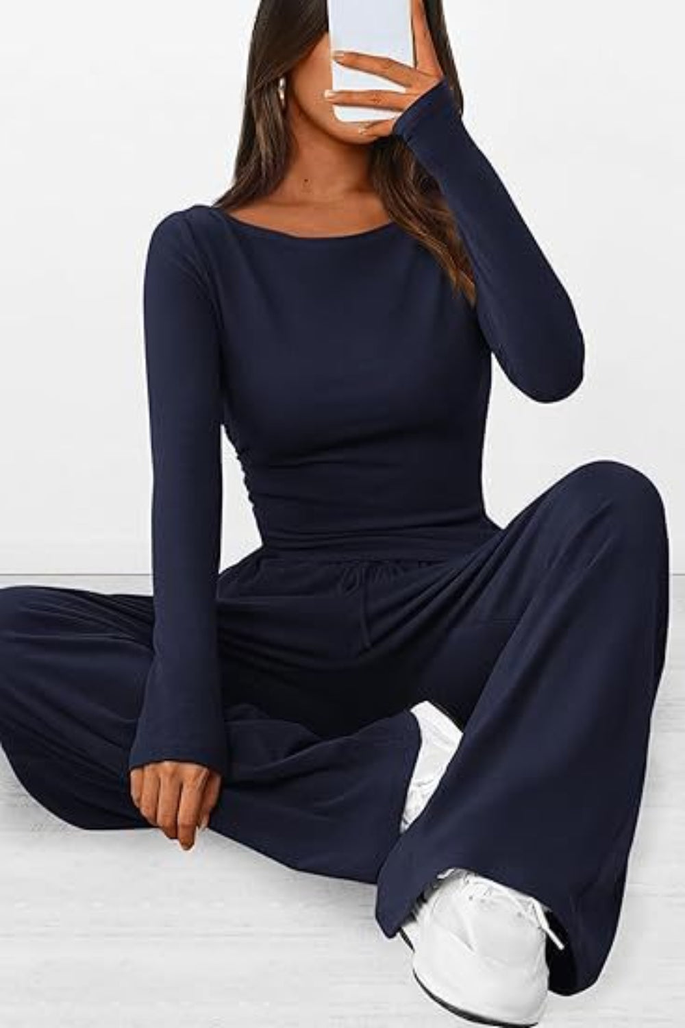 Round Neck Long Sleeve Top and Pants Set