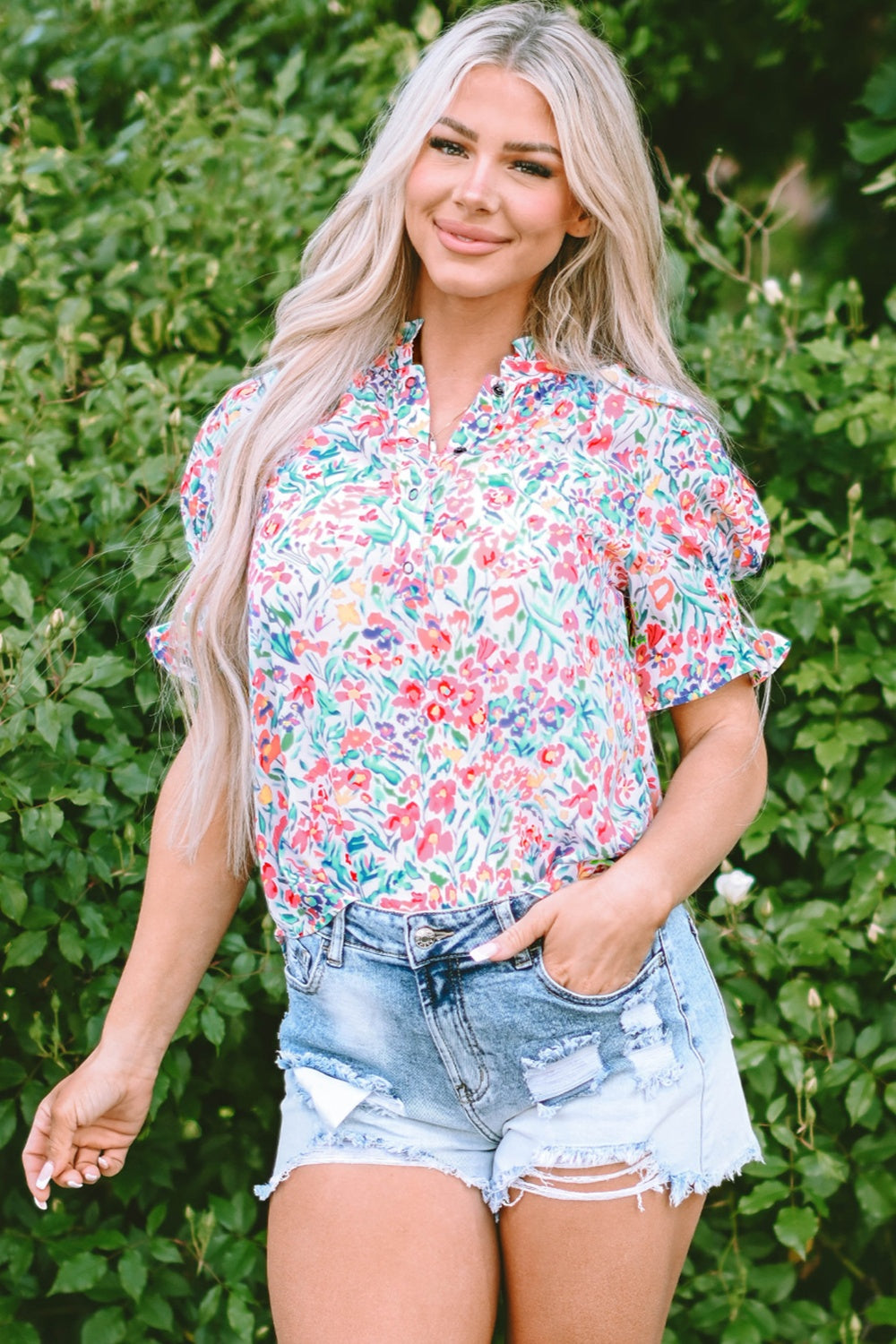 Printed Notched Short Sleeve Blouse