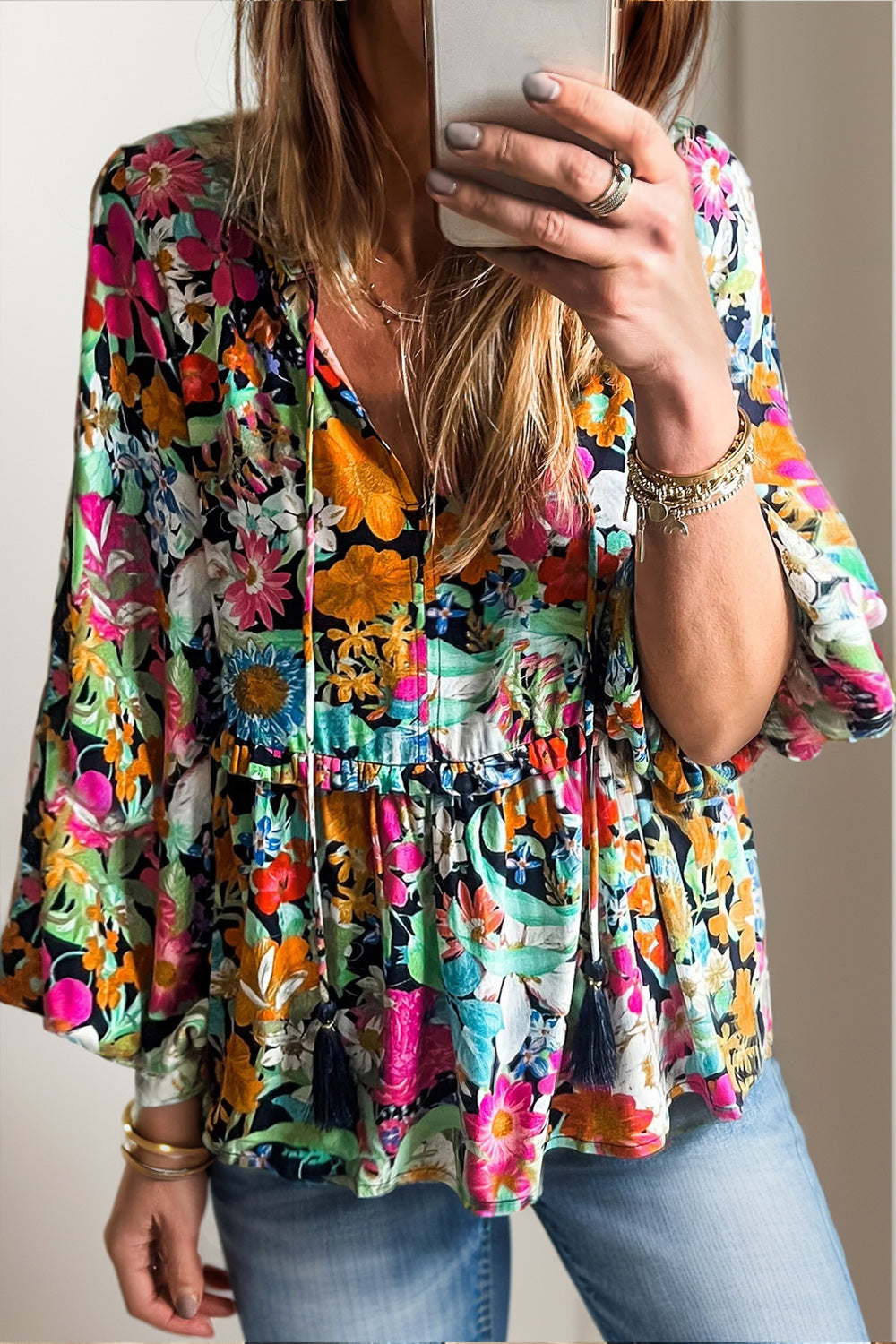 Printed Tie Neck Long Sleeve Blouse