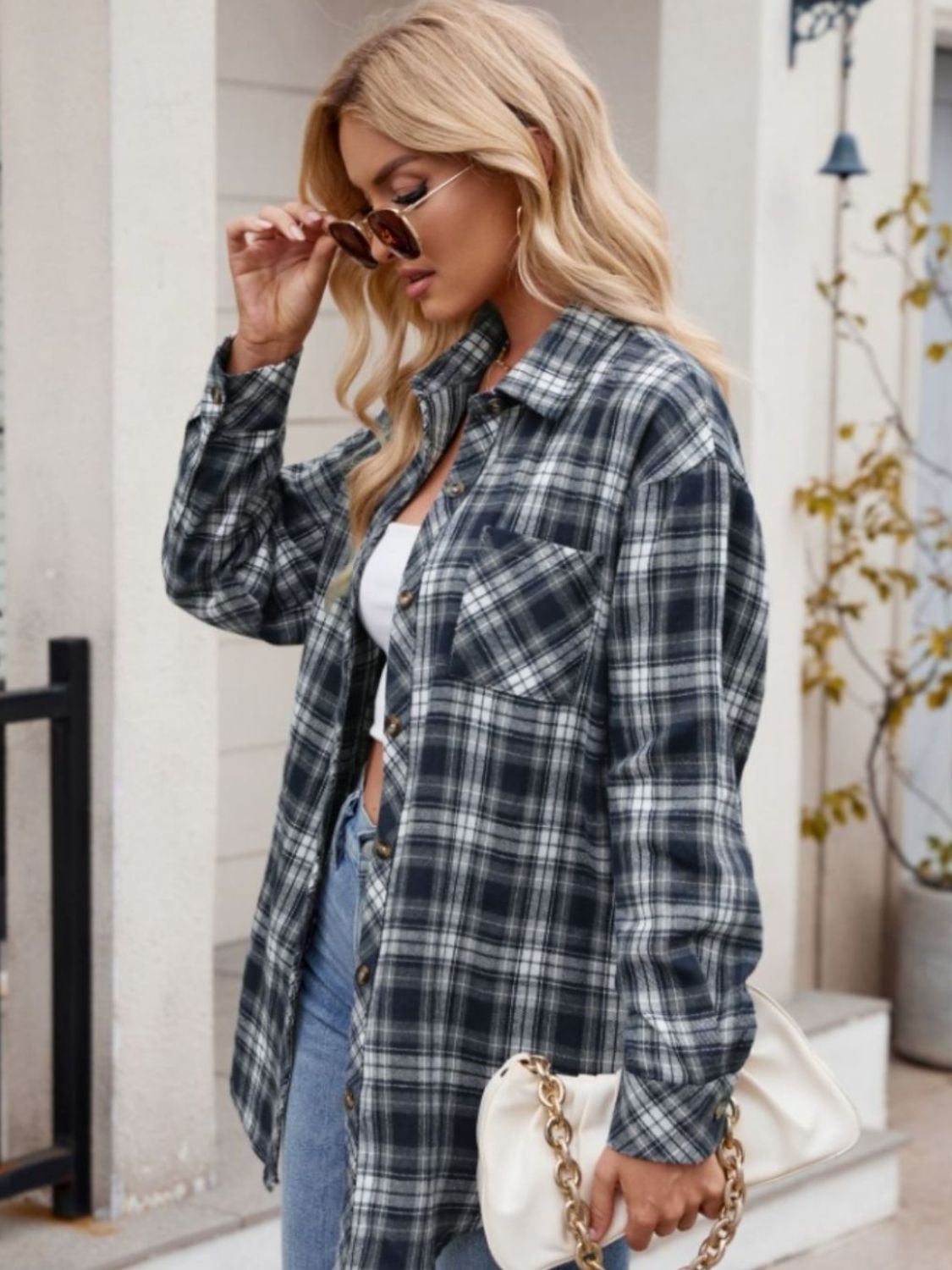 Pocketed Plaid Collared Neck Long Sleeve Shirt