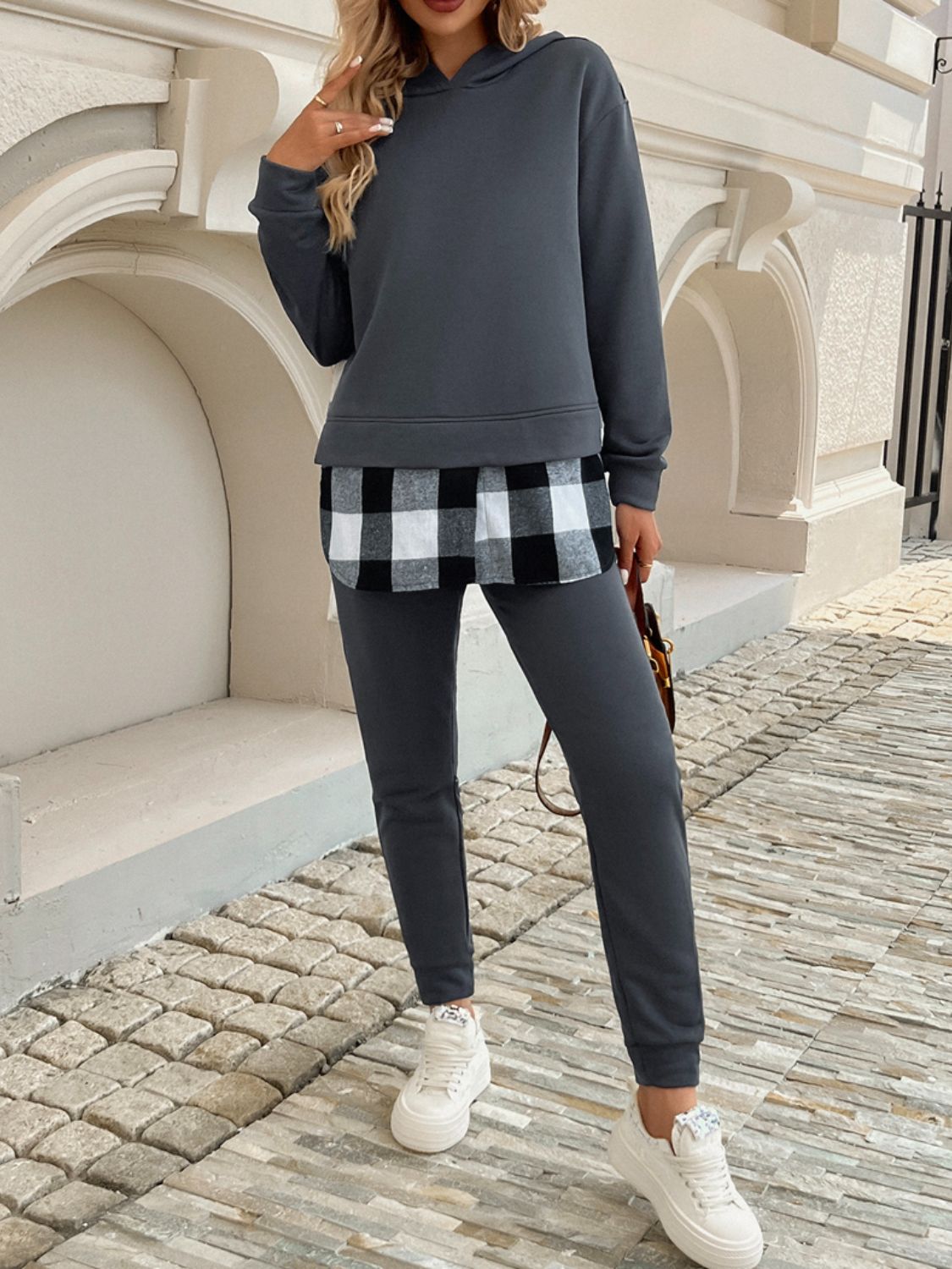 Devine Plaid Long Sleeve Hooded Top and Pants Set