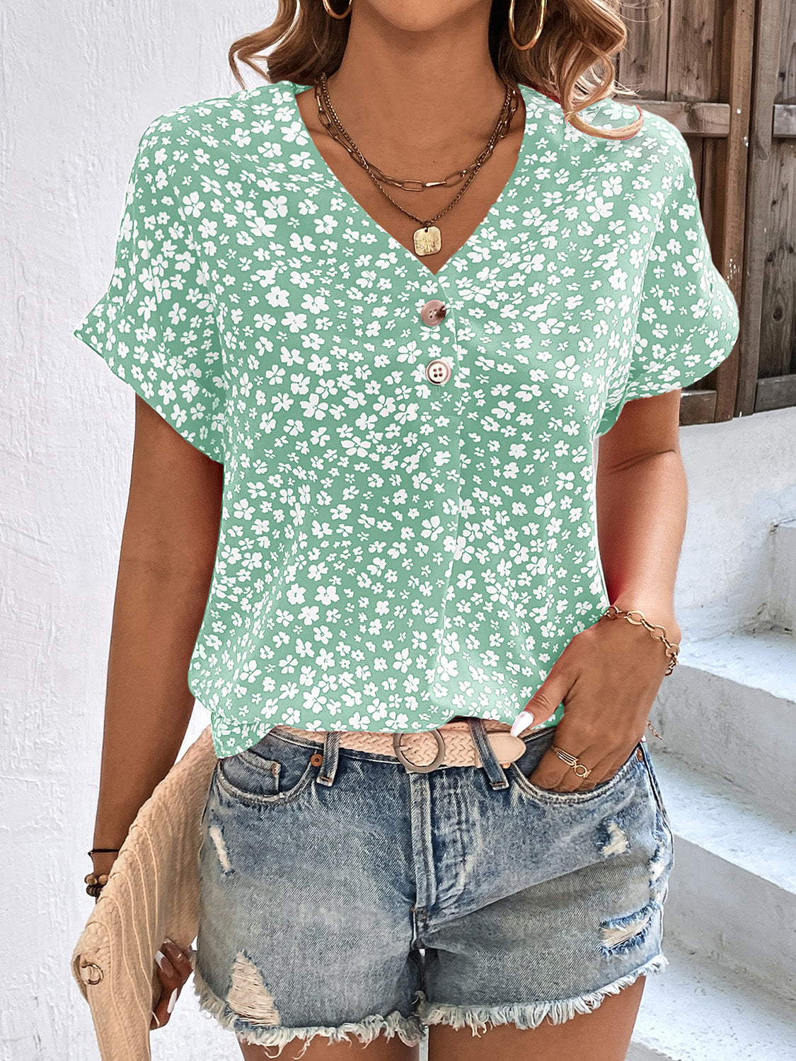 Printed V-Neck Short Sleeve Blouse