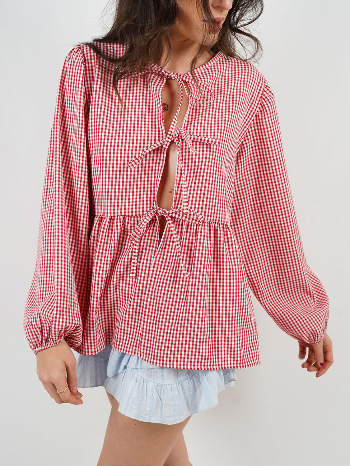 Tied Round Neck Long Sleeve Blouse