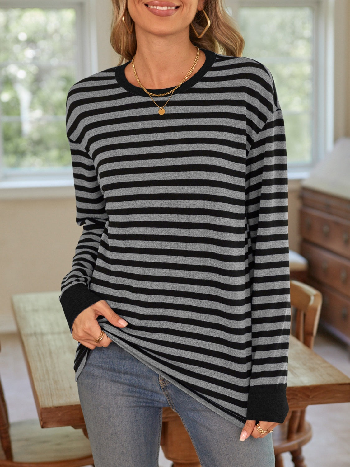 Striped Round Neck Long Sleeve T-Shirt