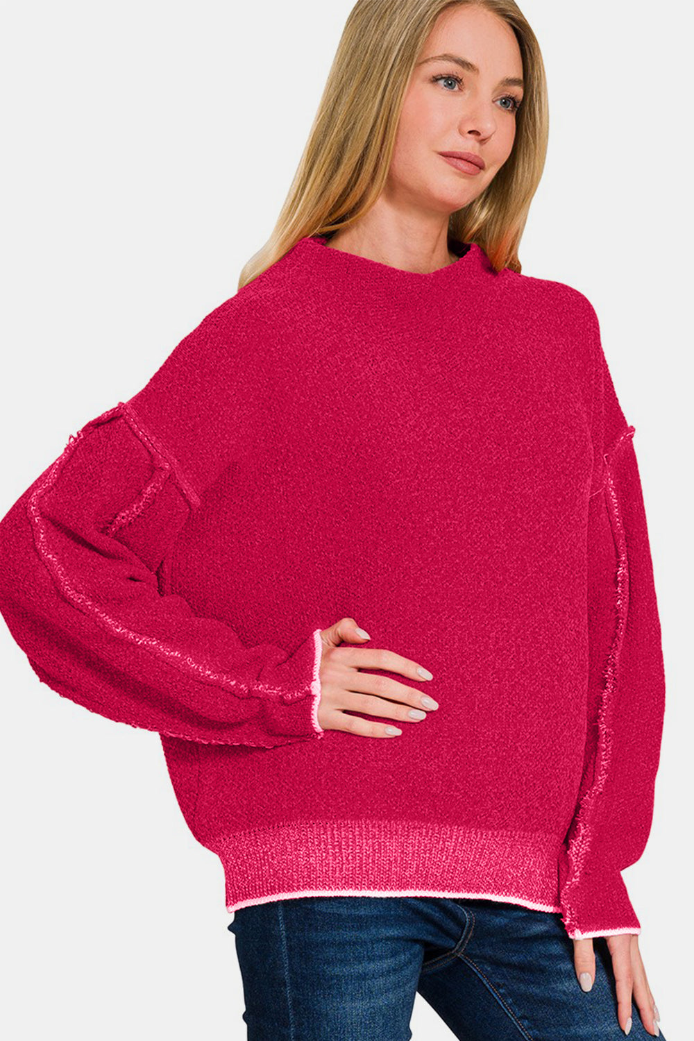 Zenana Exposed Seam Mock Neck Long Sleeve Sweater