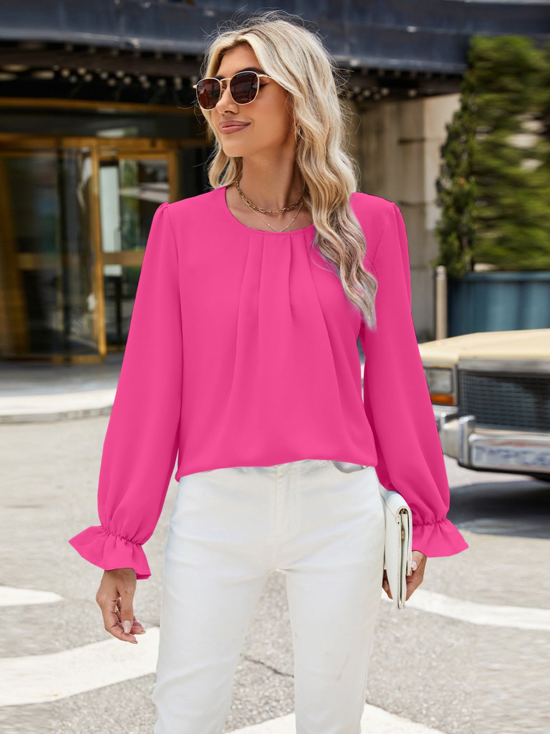 Round Neck Flounce Sleeve Top