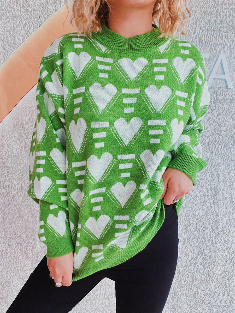 Heart Contrast Long Sleeve Dropped Shoulder Sweater