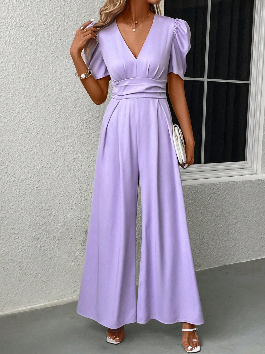 V-Neck Short Sleeve Wide Leg Jumpsuit