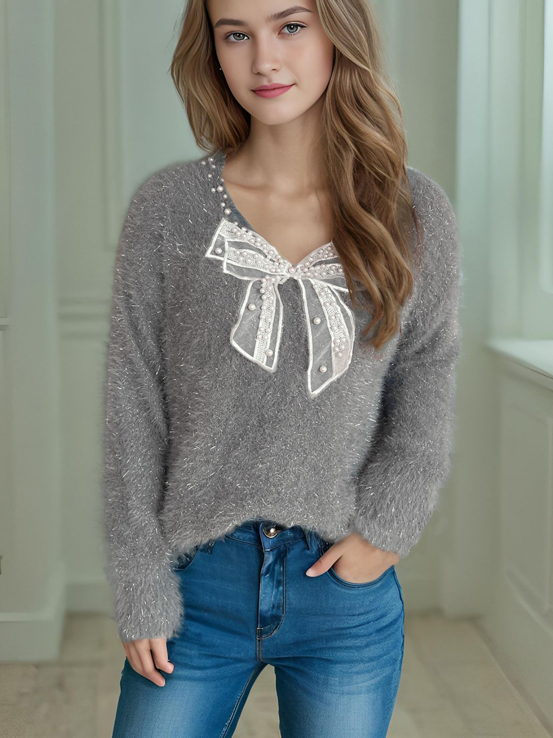 Bow Pearl Detail V-Neck Long Sleeve Sweater