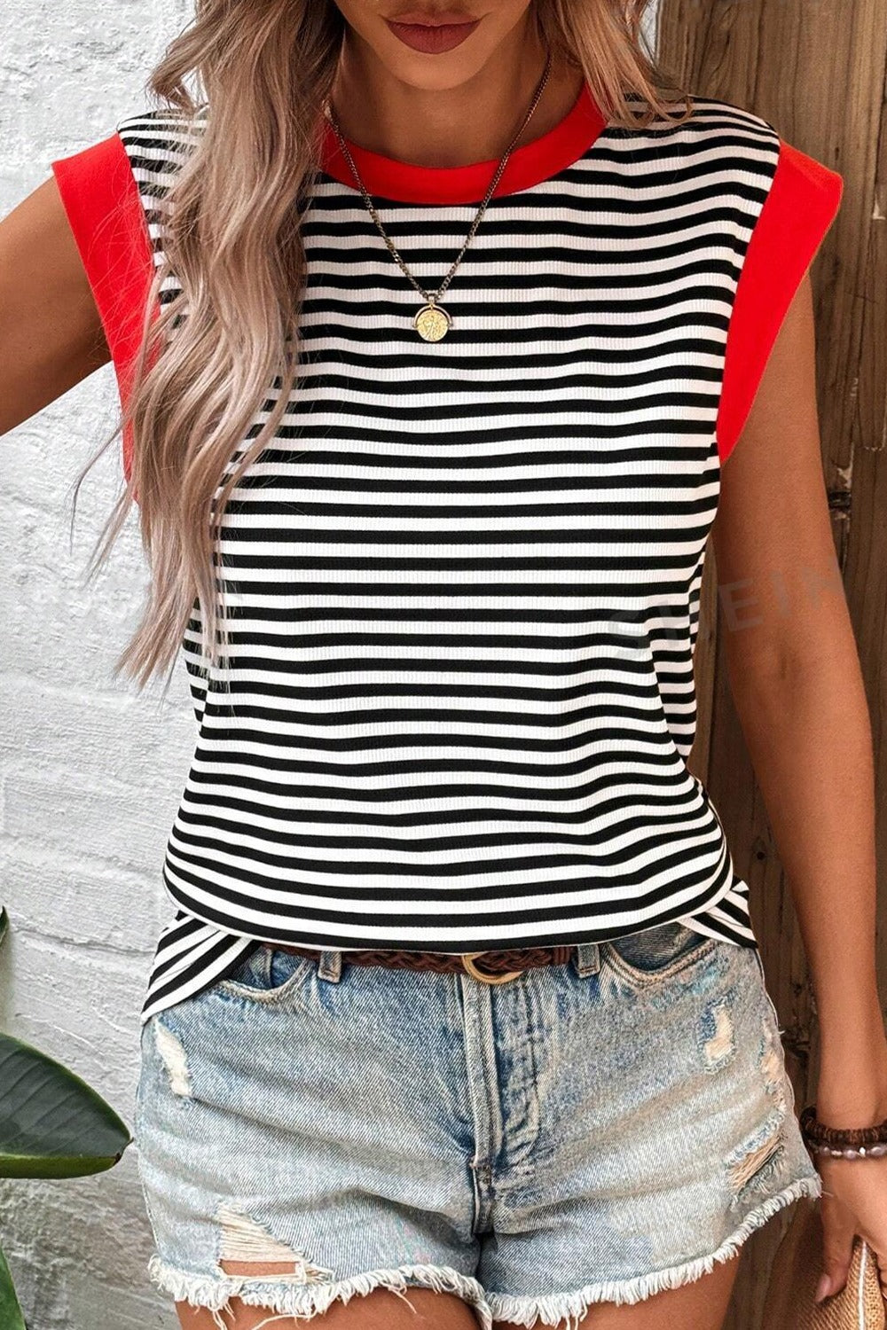 Striped Round Neck Cap Sleeve Top