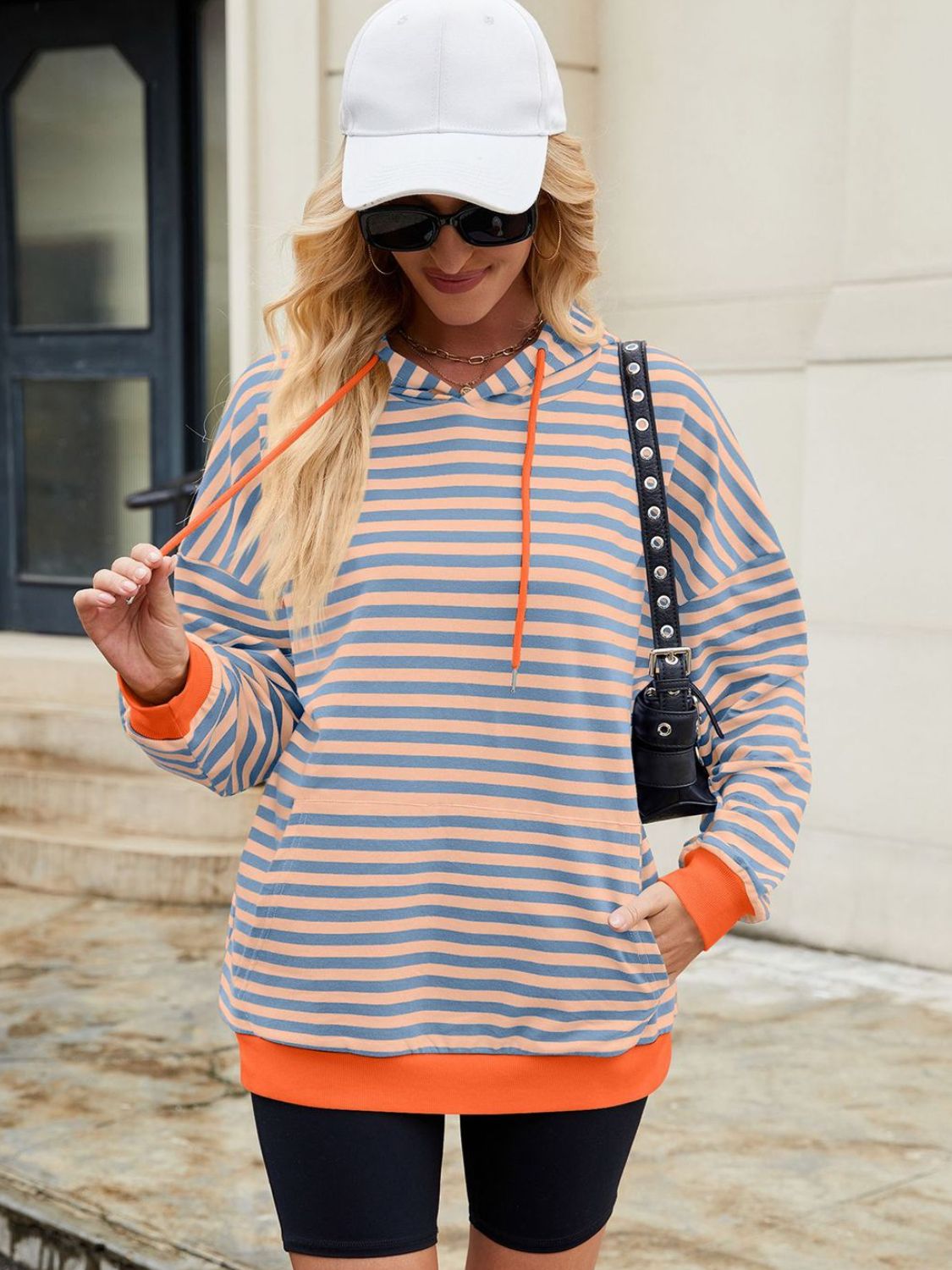 Drawstring Contrast Striped Long Sleeve Hoodie