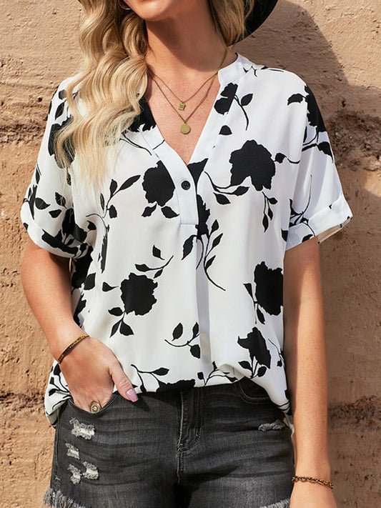 Full Size Printed Notched Short Sleeve Blouse