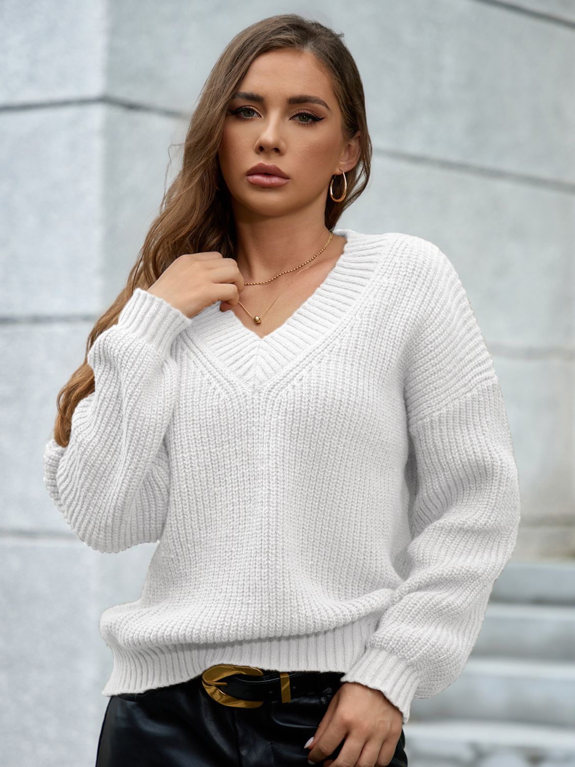 V-Neck Dropped Shoulder Long Sleeve Sweater