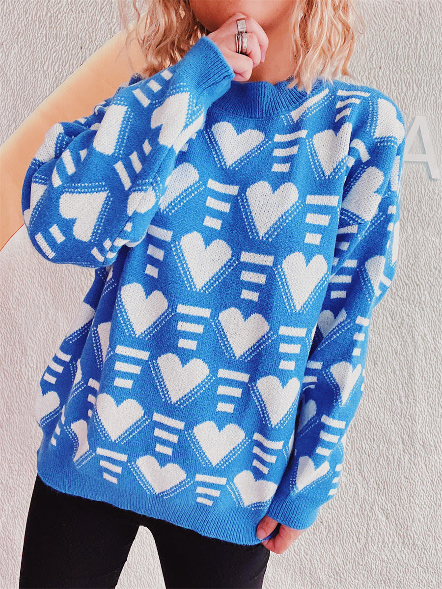 Heart Contrast Long Sleeve Dropped Shoulder Sweater